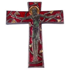 Large Gilt European Crucifix, Red, Green, Grey Glazed Ceramic, 1980s