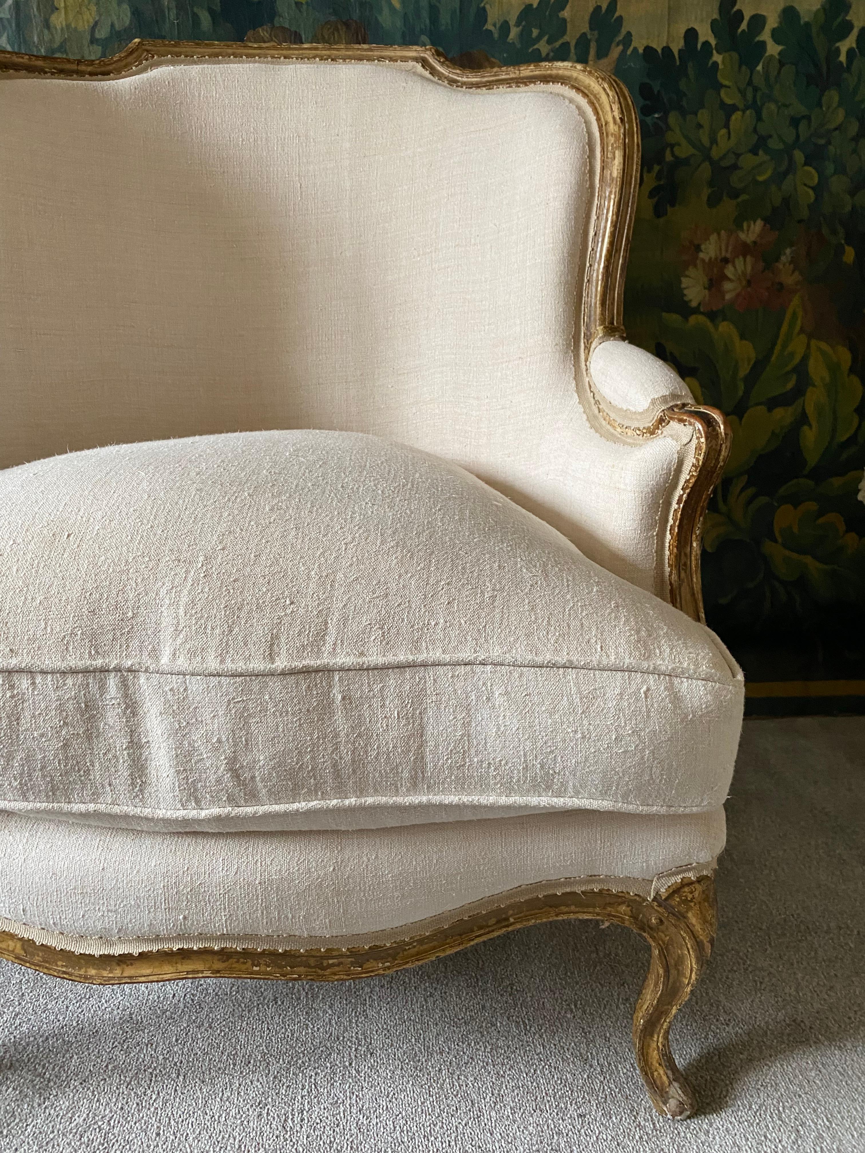 Linen Large Gilt Framed Armchair  For Sale
