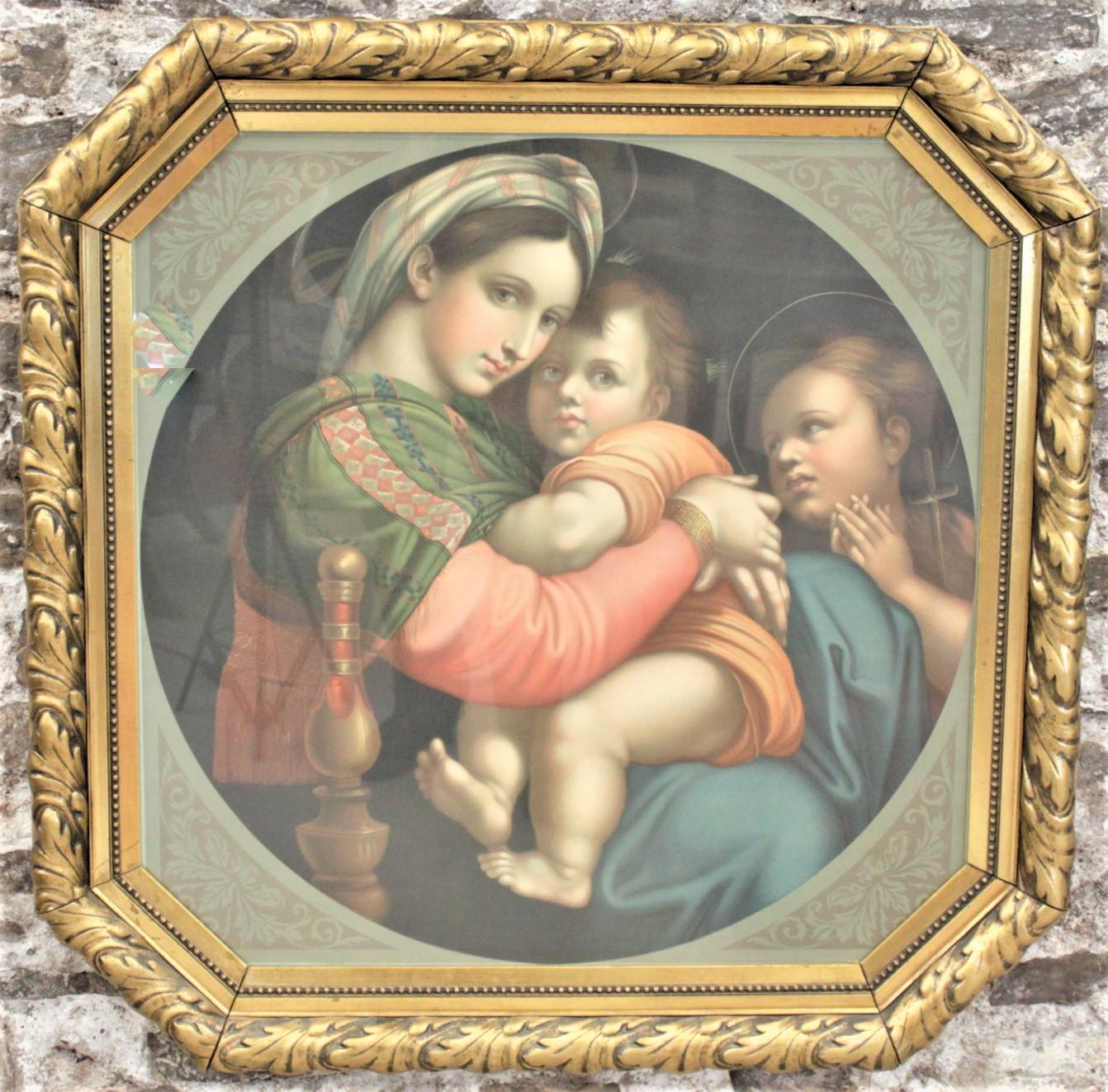 This very large chrome lithographed print is unsigned, but presumed to have originated from Italy in circa 1930 in a Renaissance Revival style. The lithograph depicts a rendition of the Adoration of the Magi and is matted with scrolled accents on
