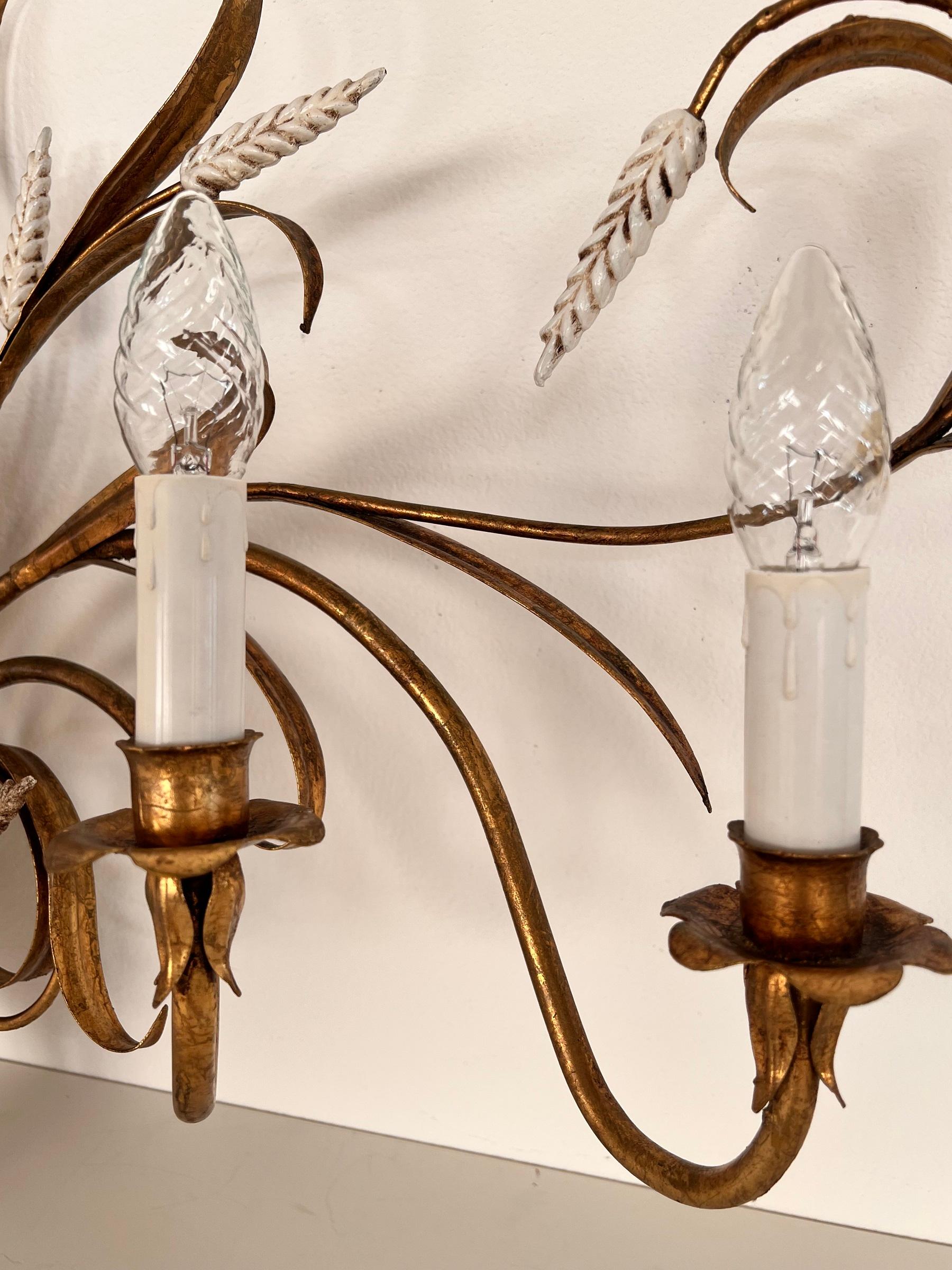 Large Gilt Hans Kögl Wall Sconce with Wheat Sheaf and Mother-of-Pearl Lampshades For Sale 3