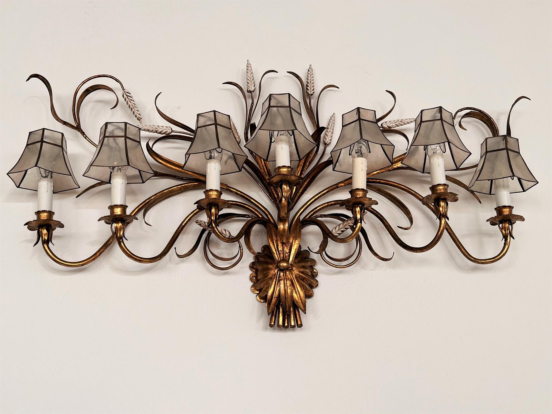 Large Gilt Hans Kögl Wall Sconce with Wheat Sheaf and Mother-of-Pearl Lampshades 9