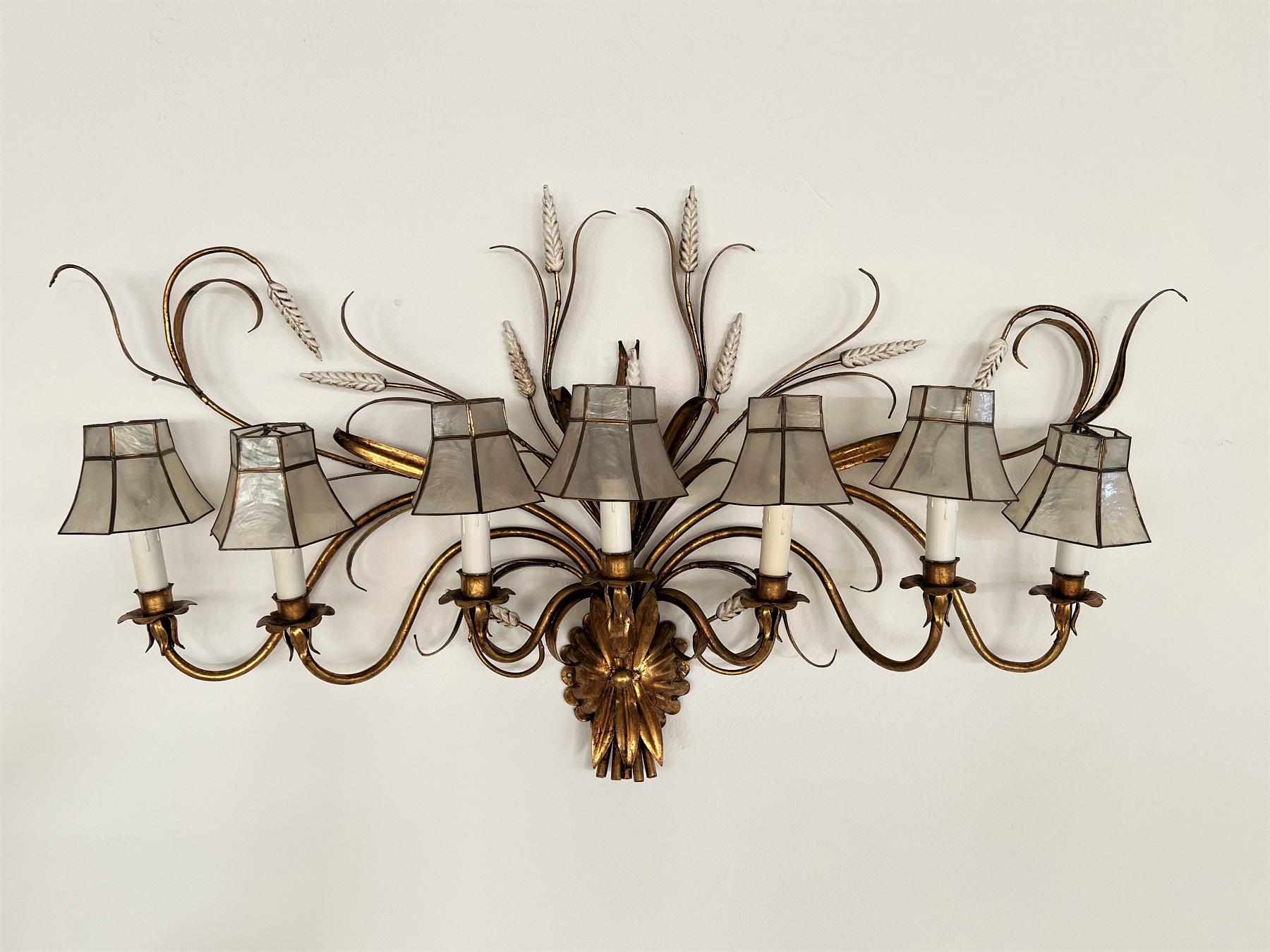 Mid-Century Modern Large Gilt Hans Kögl Wall Sconce with Wheat Sheaf and Mother-of-Pearl Lampshades For Sale