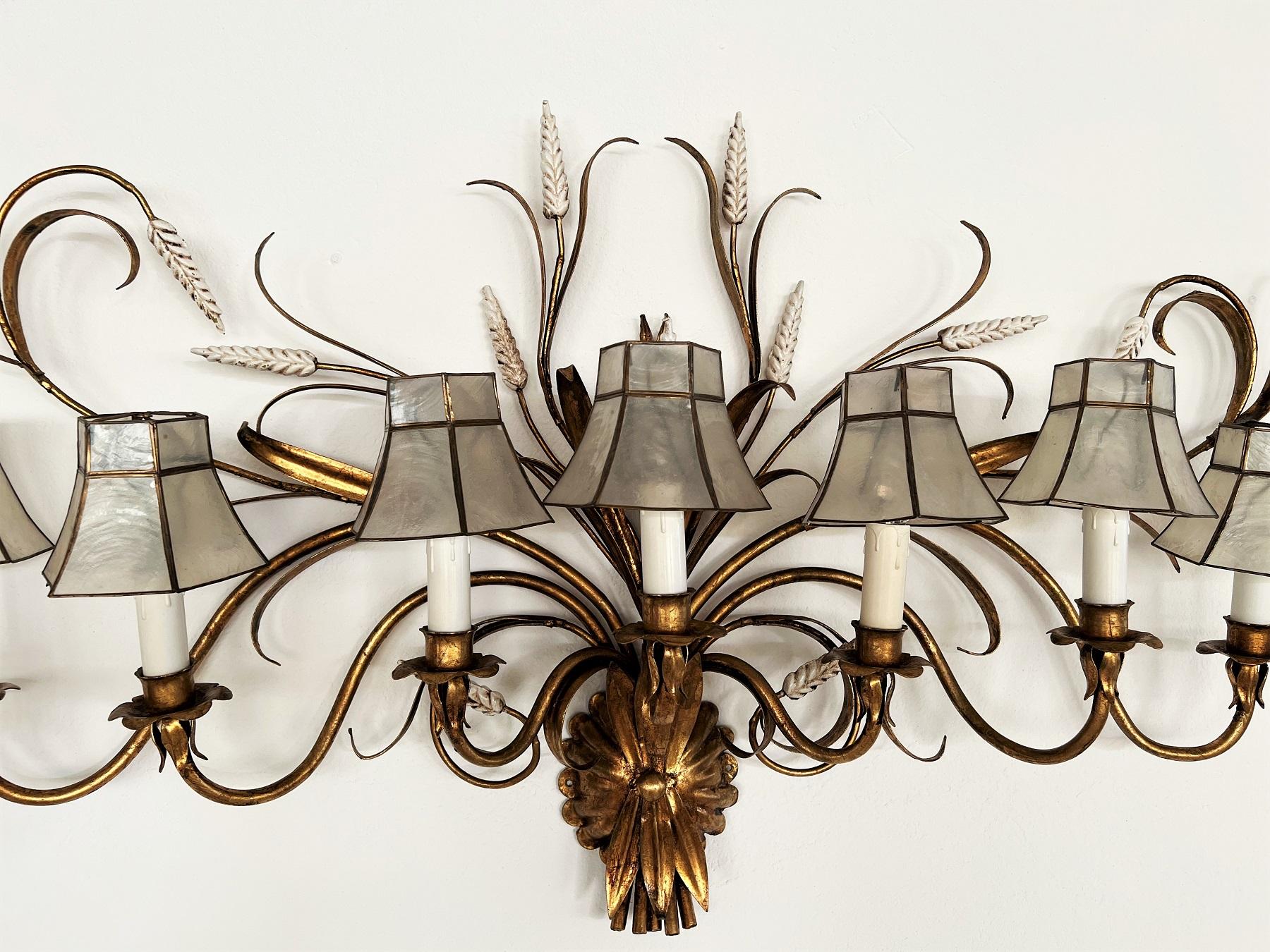 German Large Gilt Hans Kögl Wall Sconce with Wheat Sheaf and Mother-of-Pearl Lampshades