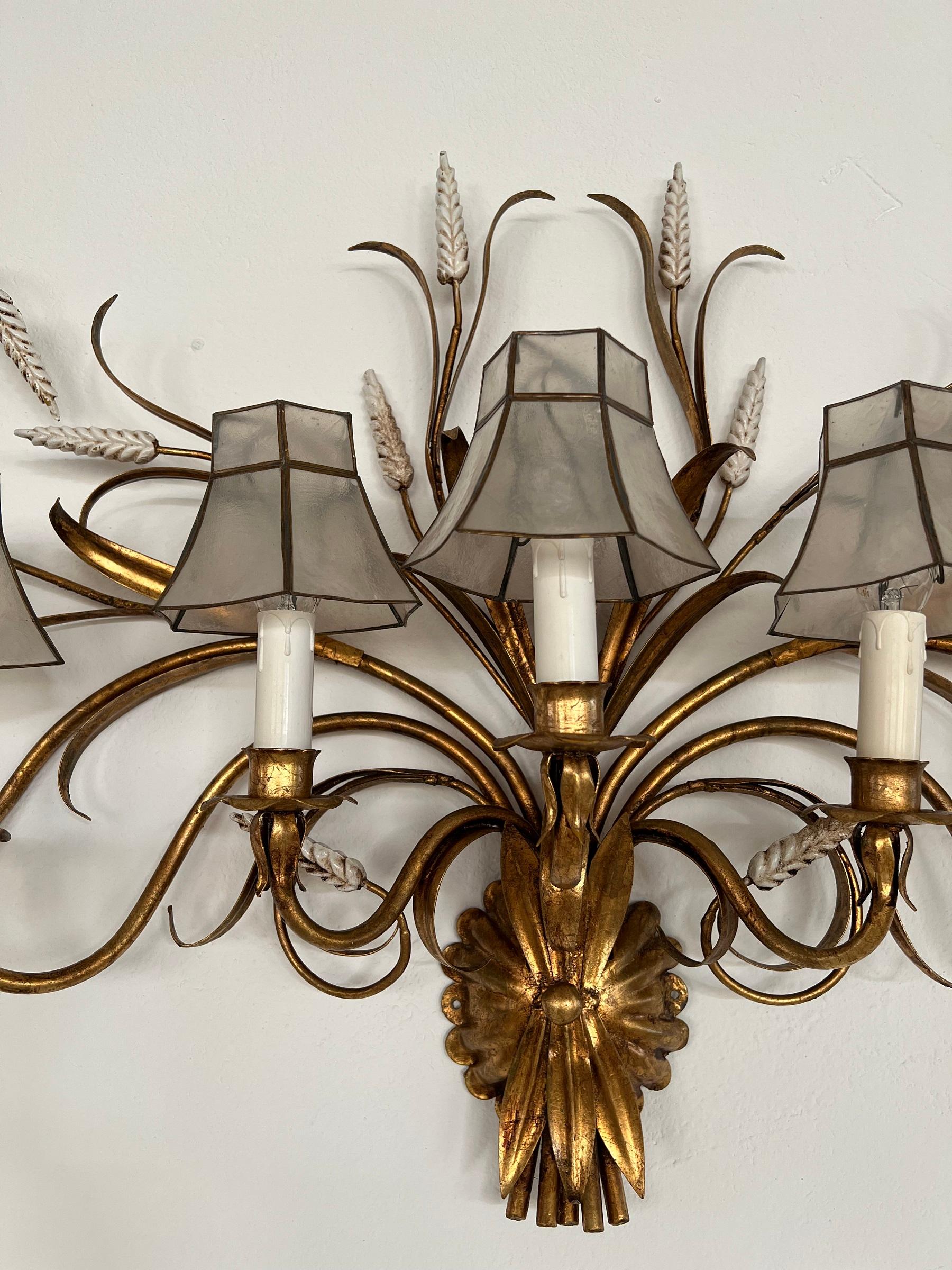 Late 20th Century Large Gilt Hans Kögl Wall Sconce with Wheat Sheaf and Mother-of-Pearl Lampshades