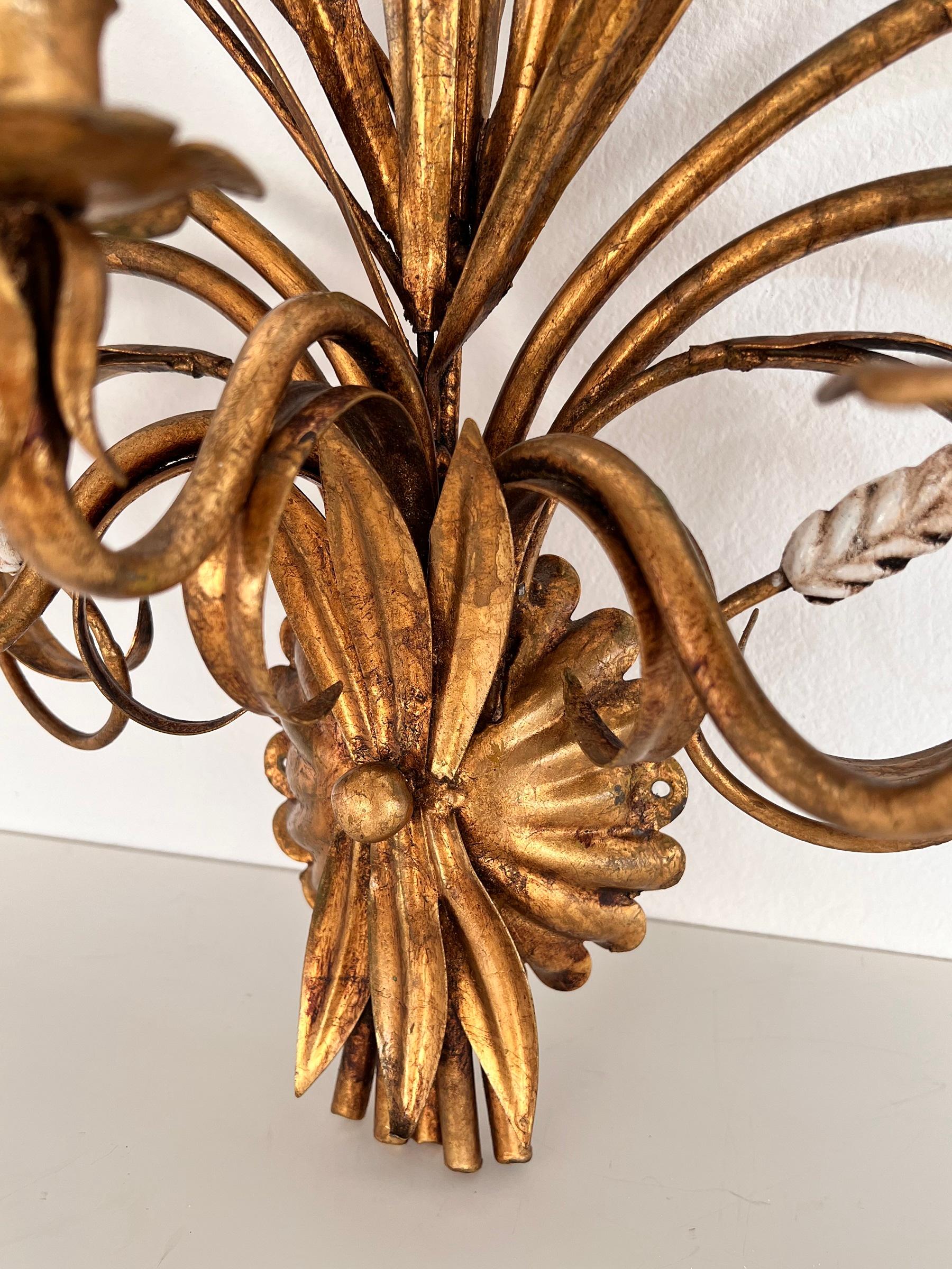 Large Gilt Hans Kögl Wall Sconce with Wheat Sheaf and Mother-of-Pearl Lampshades 2