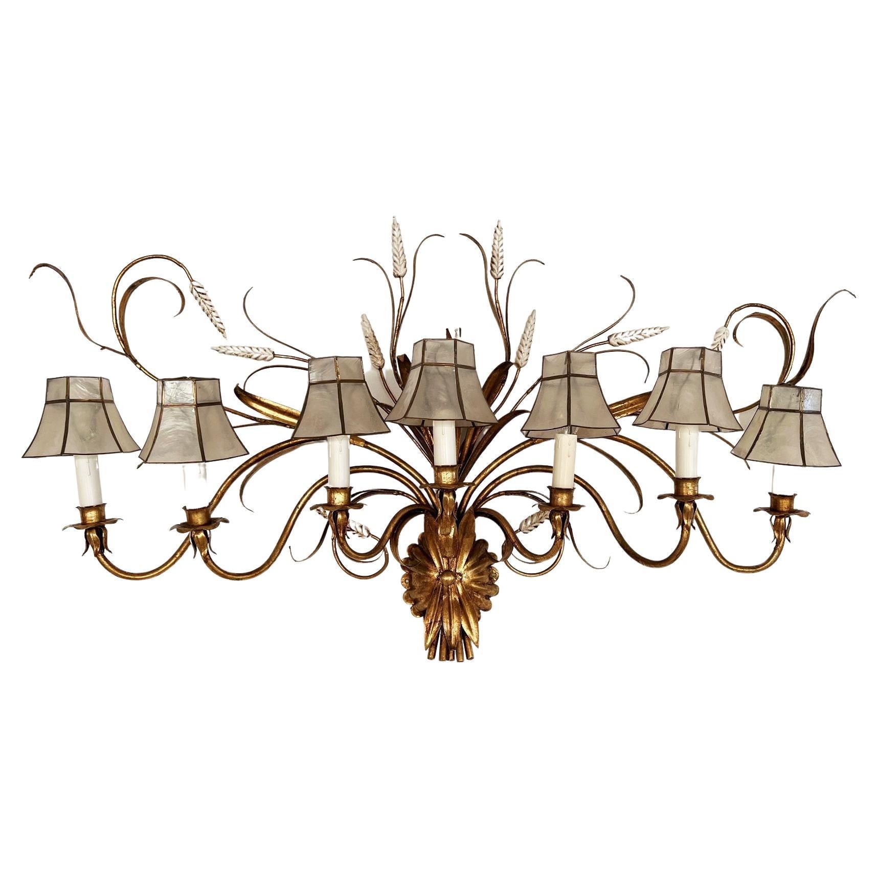 Large Gilt Hans Kögl Wall Sconce with Wheat Sheaf and Mother-of-Pearl Lampshades For Sale