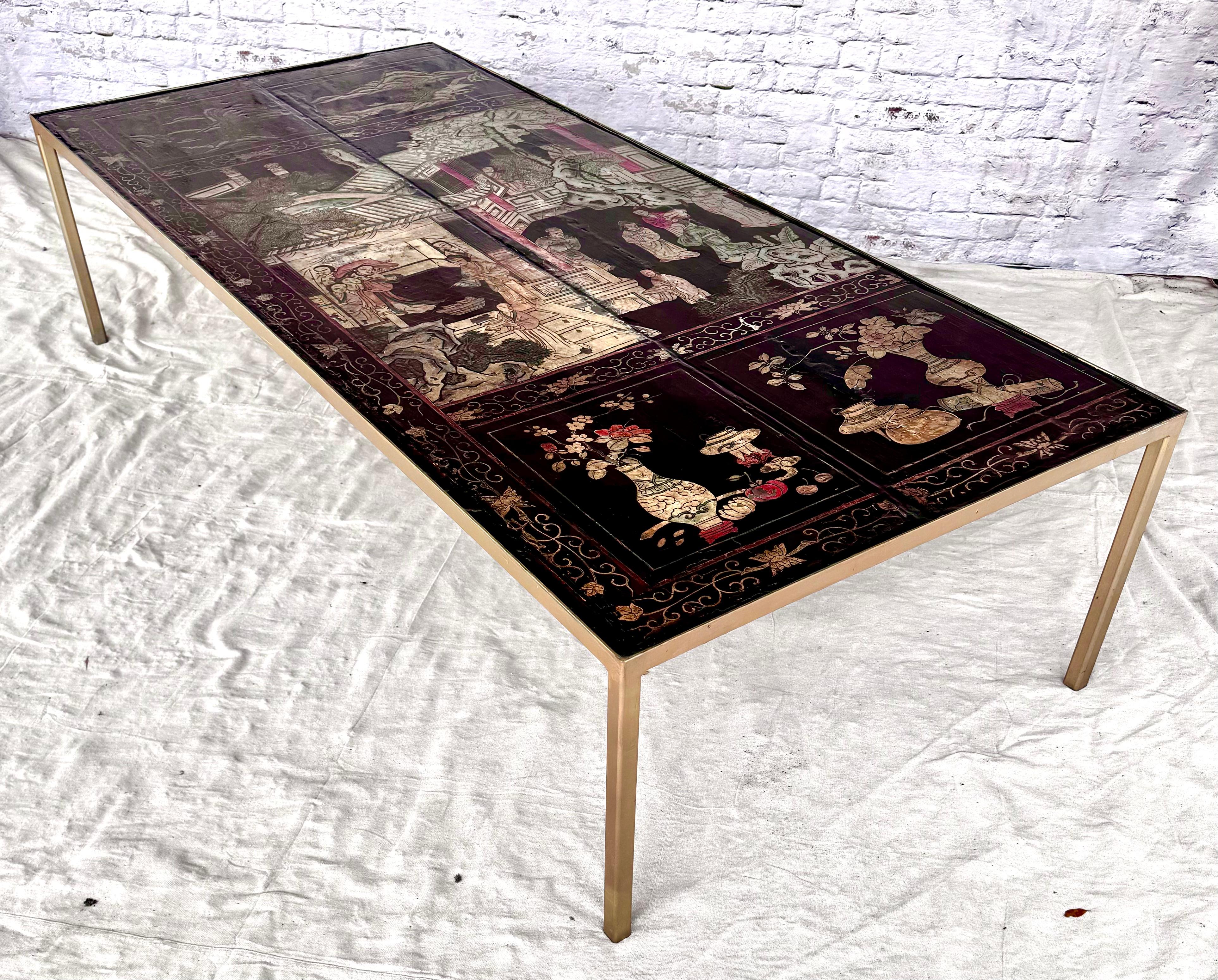 Grande table basse en fer doré et plateau Coromandel du XVIIIe siècle en vente 8