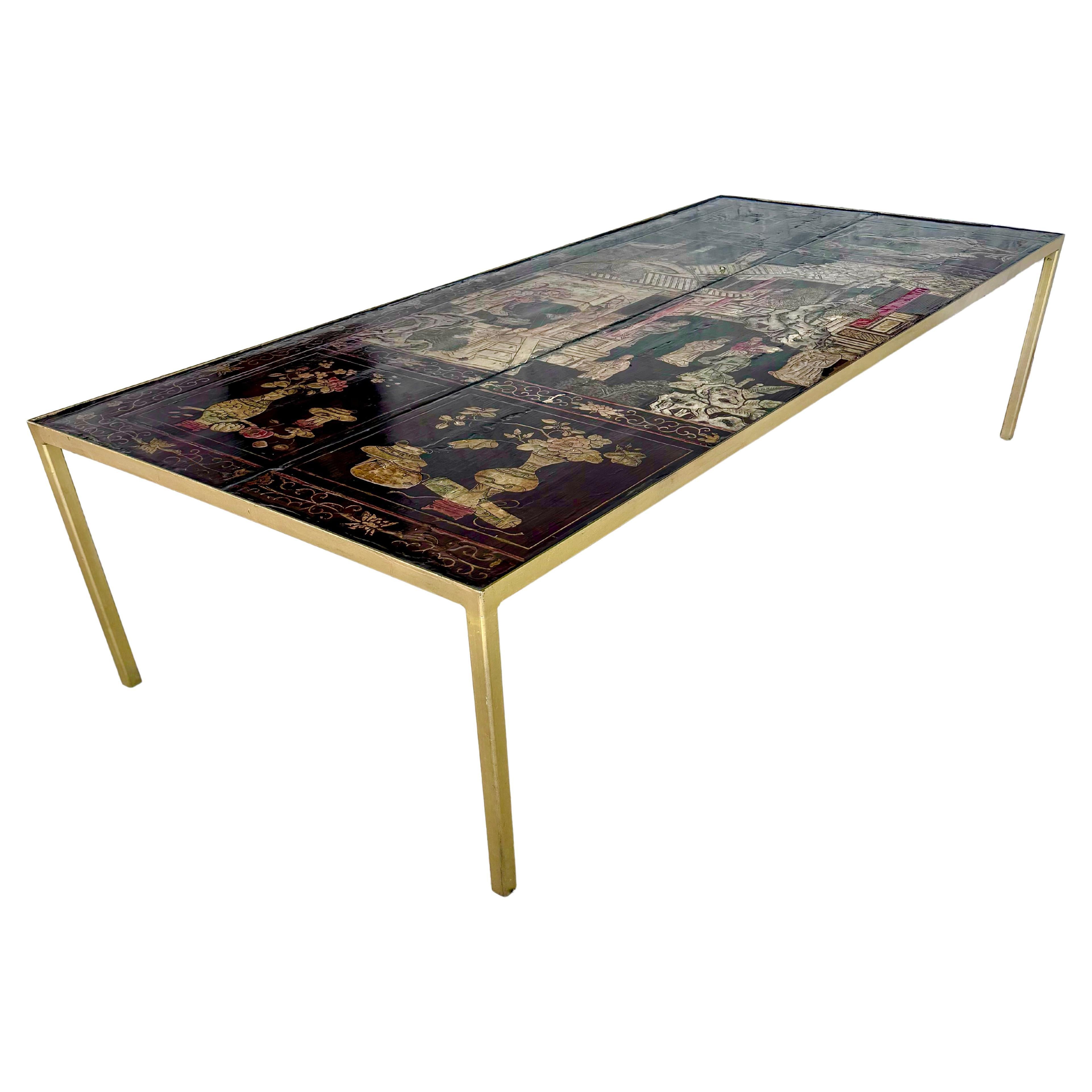Grande table basse en fer doré et plateau Coromandel du XVIIIe siècle Bon état - En vente à Bradenton, FL