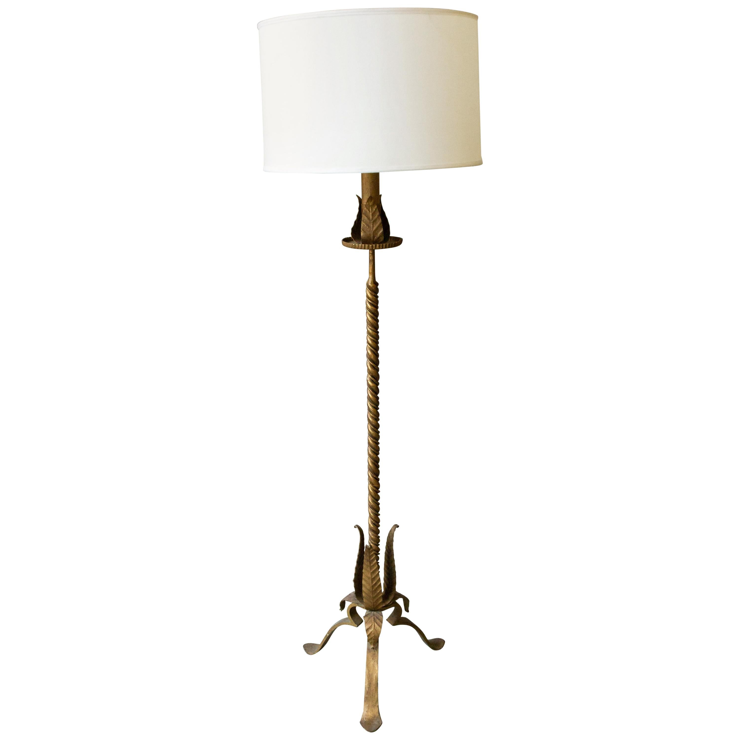 Large Gilt Iron Floor Lamp with Bold Leaf Detail For Sale