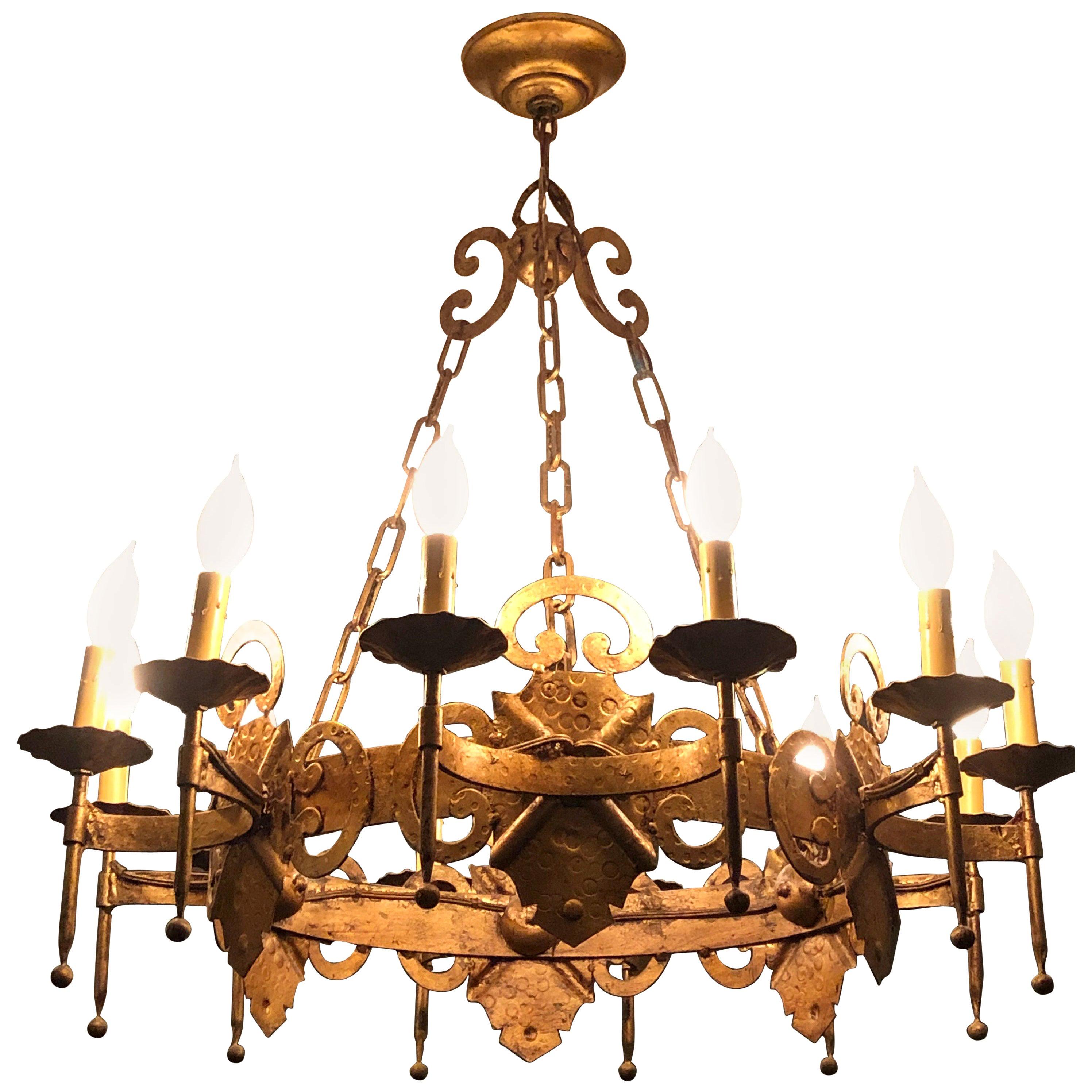 Large Gilt Iron Gothic Hollywood Regency Tole Chandelier