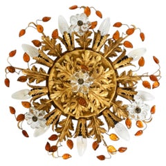 Large gilt Italian ceiling lamp from the 1960s by Banci Firenze with 9 sockets