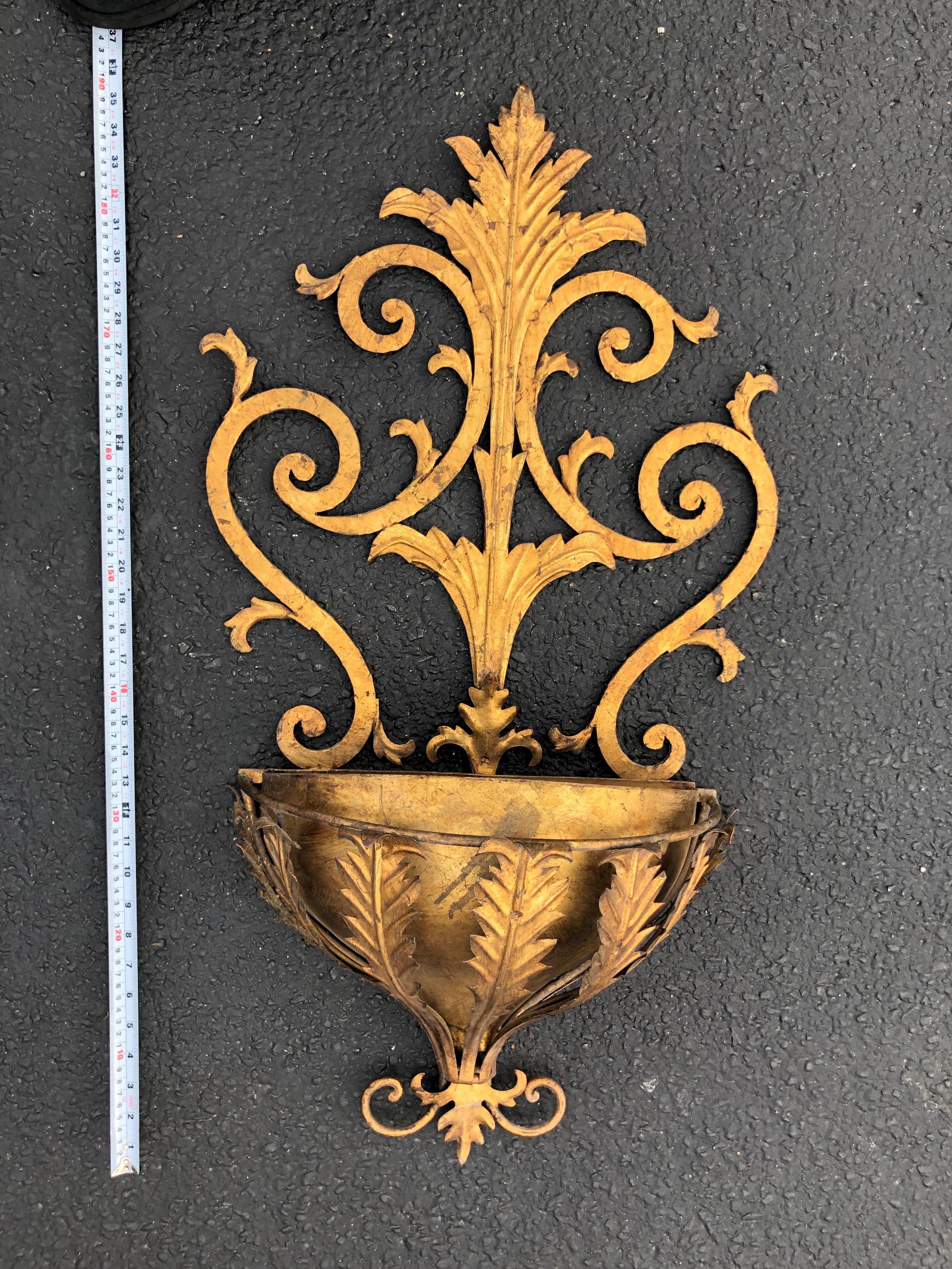 Large Italian Gilt Iron Floral Holder Wall Decor 10