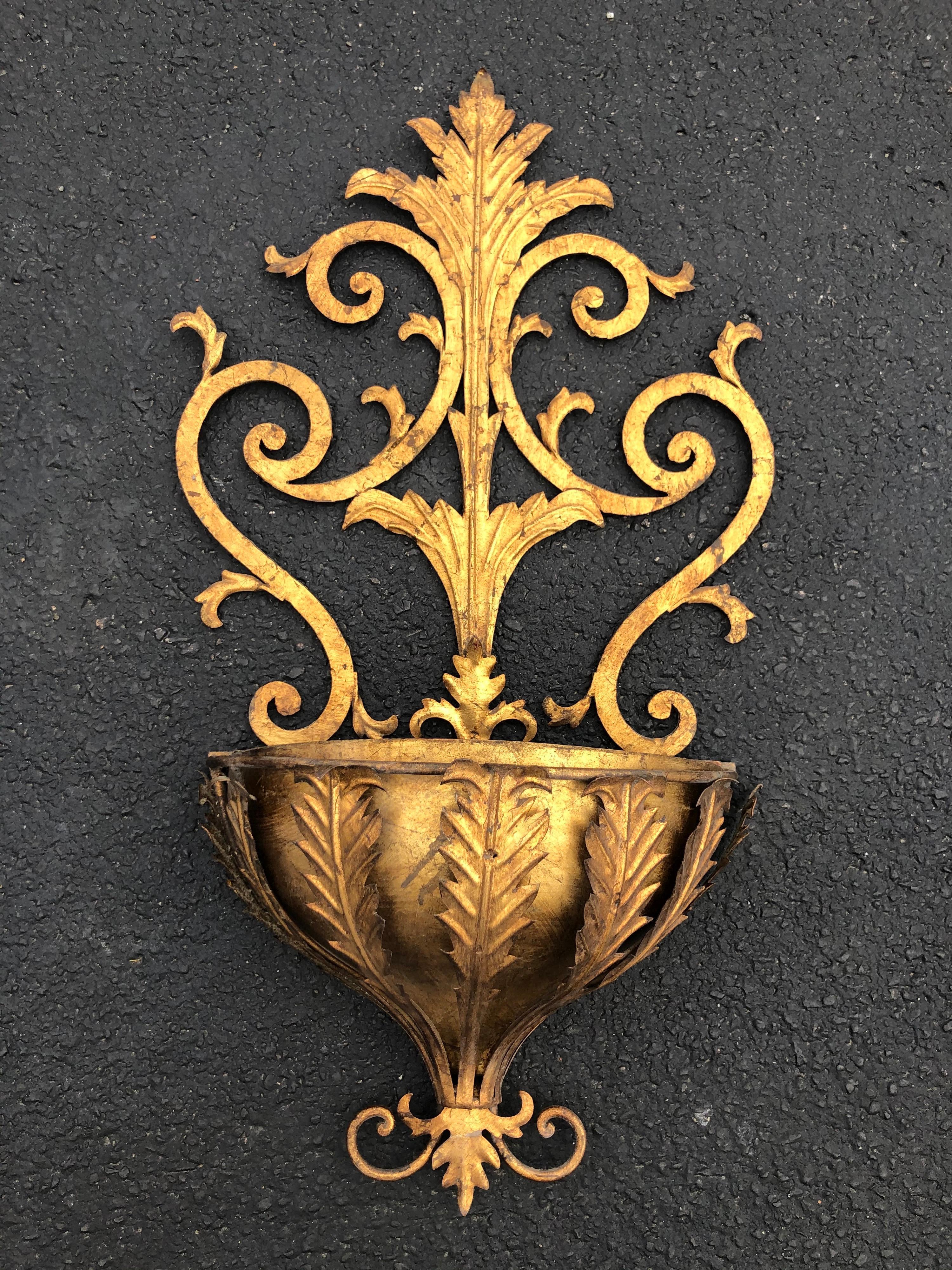 Large Italian Gilt Iron floral holder wall decor. Hand made in Florence. Goergeous decorative piece perfect above a commode. Place real or silk flowers inside. Wall planter , jardiniere or Lavaboe. 