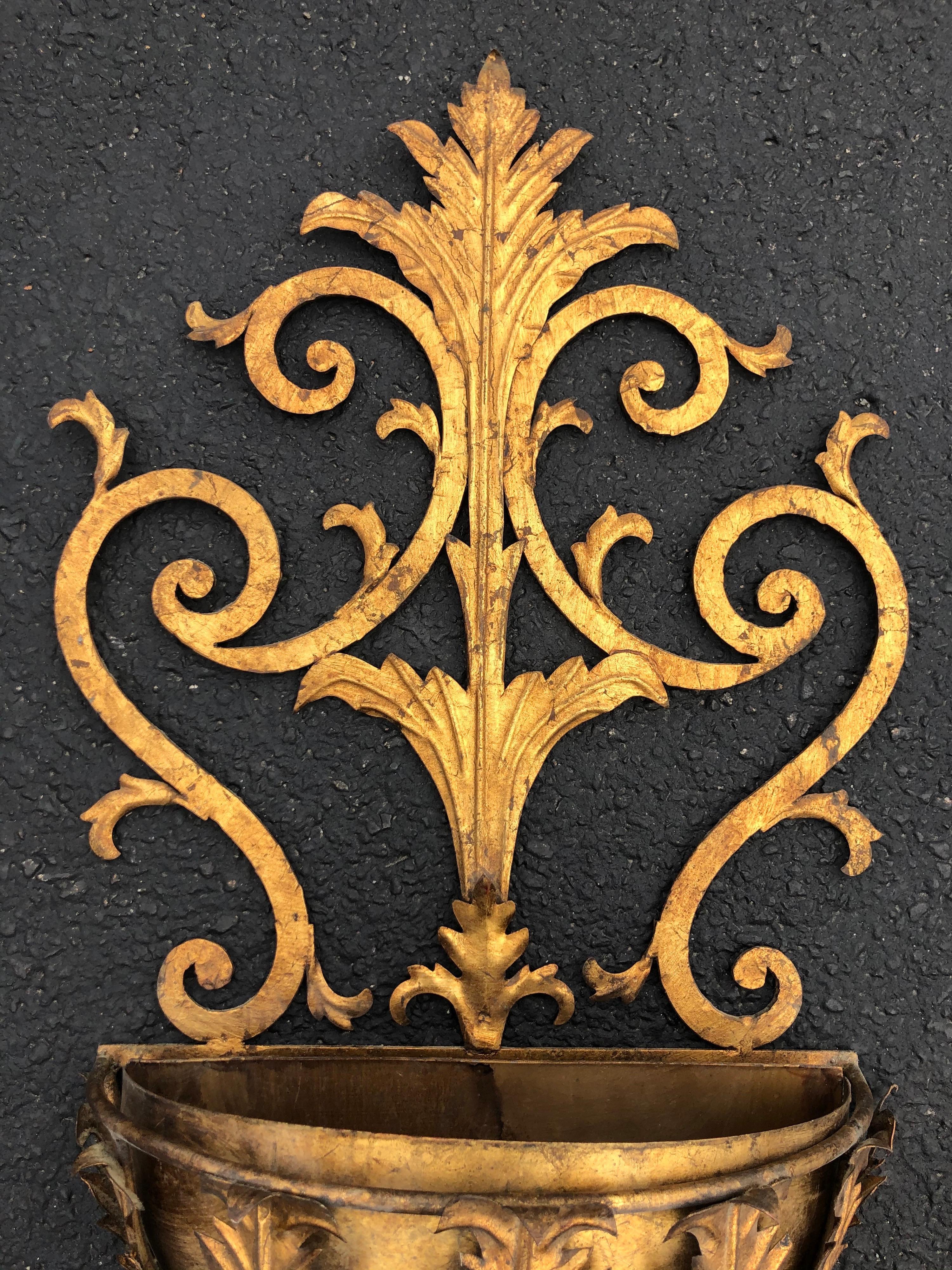 Large Italian Gilt Iron Floral Holder Wall Decor In Good Condition In Redding, CT