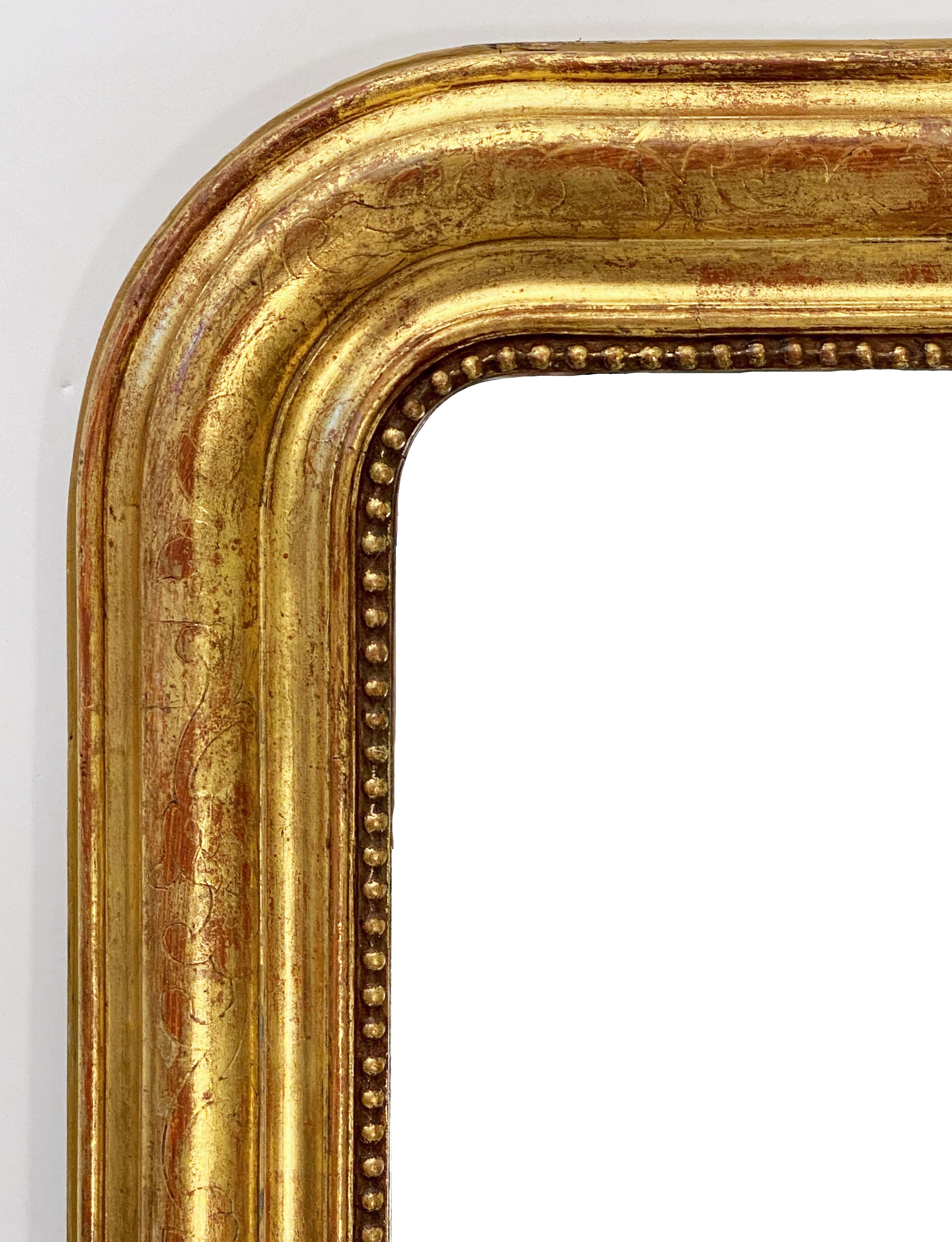 19th Century Large Gilt Louis Philippe Arch Top Wall or Floor Mirror (H 58 1/2 x W 19 1/2)
