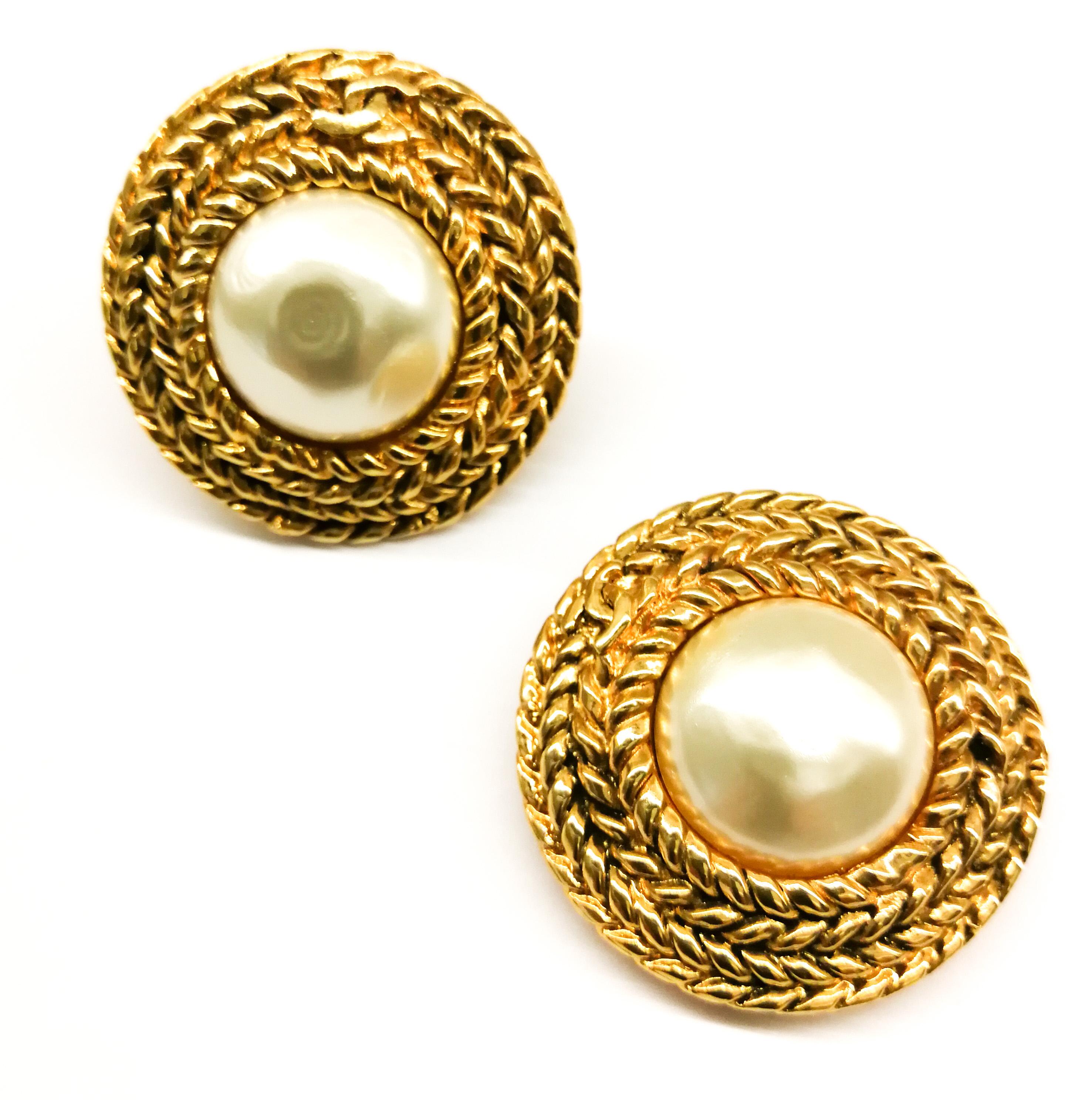 Large gilt metal and baroque pearl 'Double C' earrings, Chanel, 1980s 3