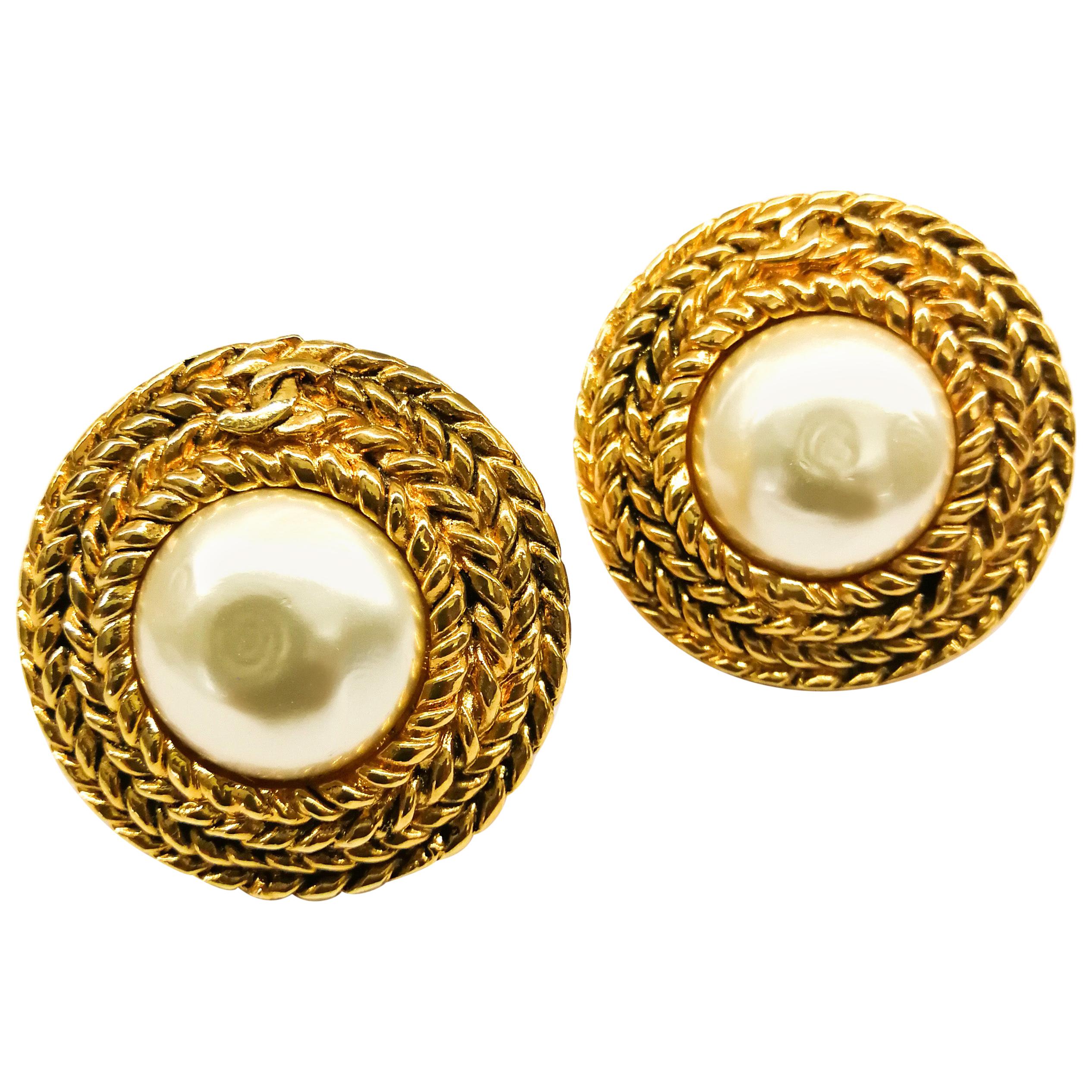 Large gilt metal and baroque pearl 'Double C' earrings, Chanel