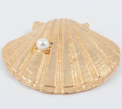 Large gilt metal and paste pearl 'shell' brooch, Hobe, USA, 1960s