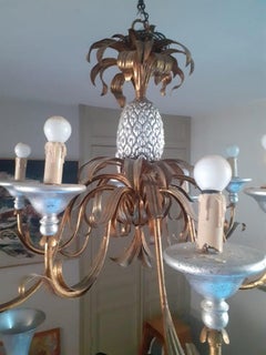 Large Gilt Metal and Wood Chandelier 10 Lights