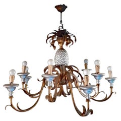 Large Gilt Metal and Wood Chandelier 10 Lights