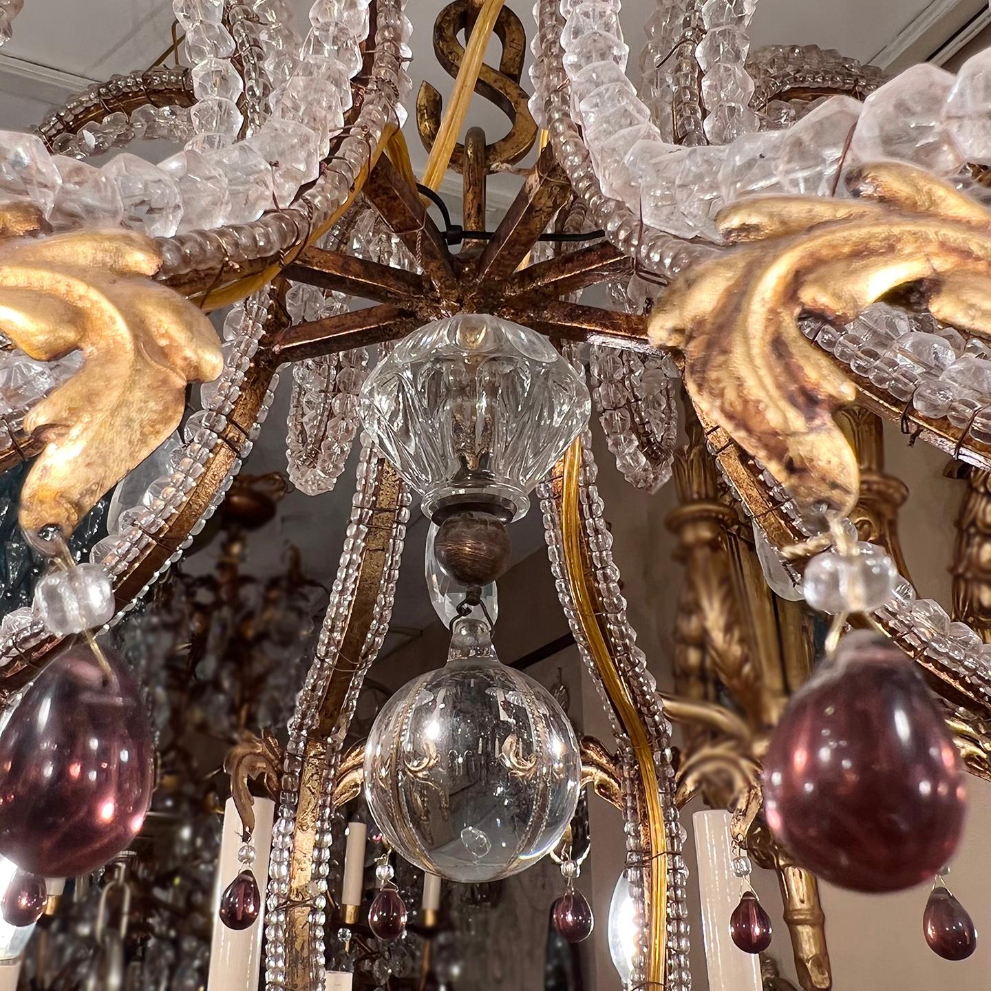 Large Gilt Metal Chandelier with Beaded Crystals 1