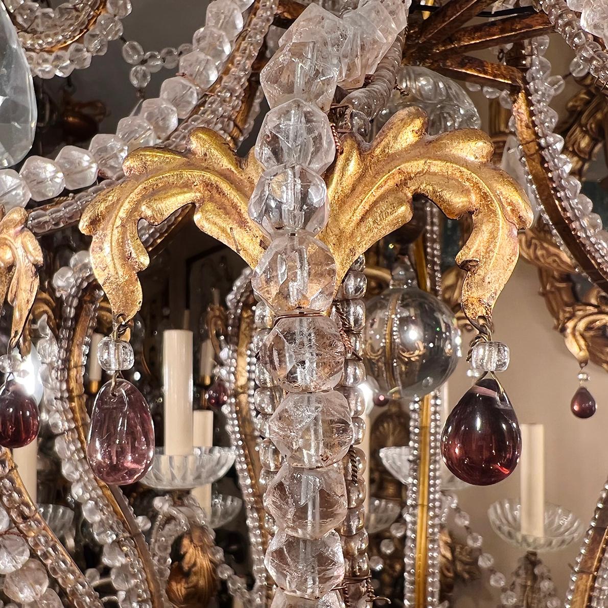 Large Gilt Metal Chandelier with Beaded Crystals 2