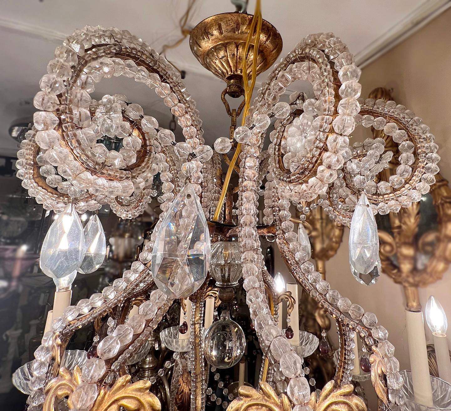 Large Gilt Metal Chandelier with Beaded Crystals 3