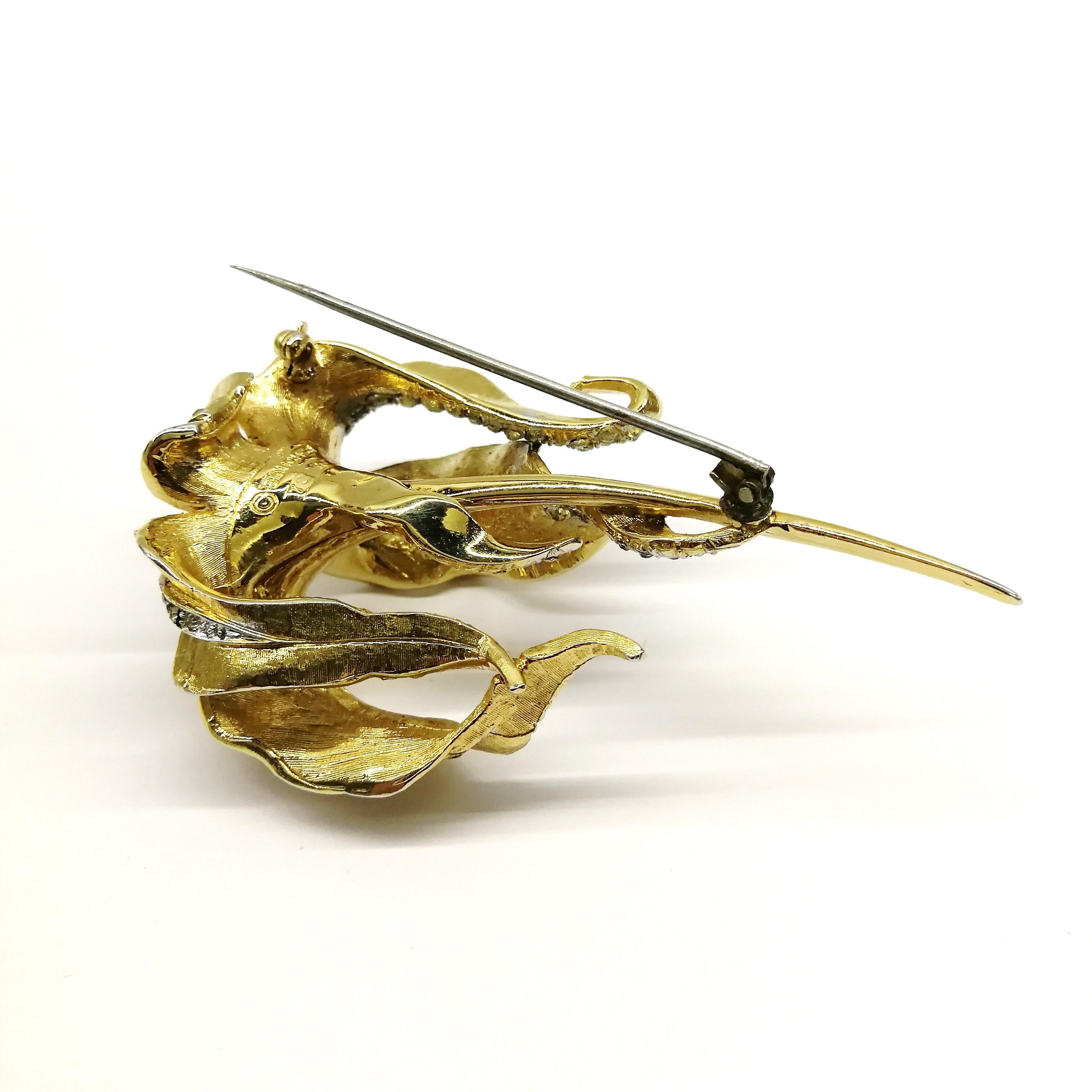 Large gilt metal, clear paste 'orchid' brooch, Marcel Boucher, 1960s, USA. 3