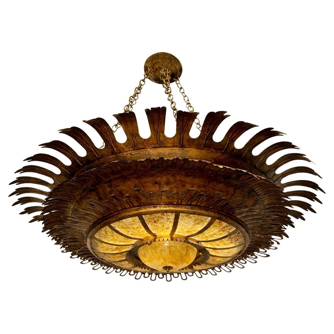 Large Gilt Metal Light Fixture For Sale
