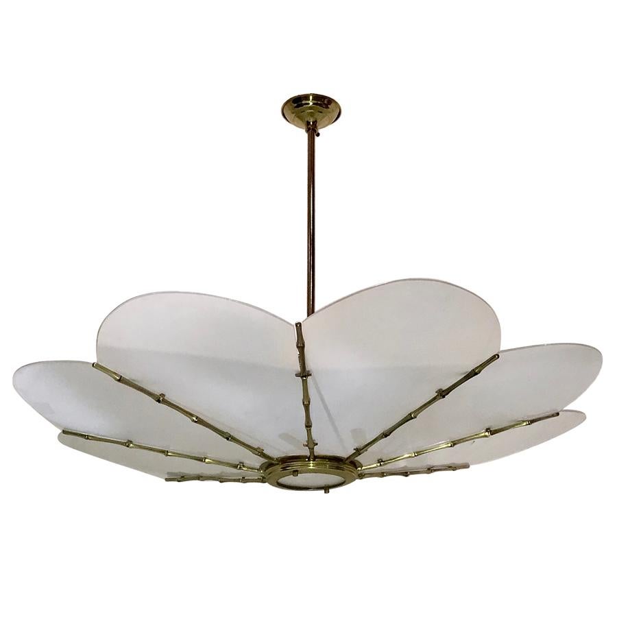 Large Gilt Metal Light Fixture with Glass Insets In Good Condition For Sale In New York, NY