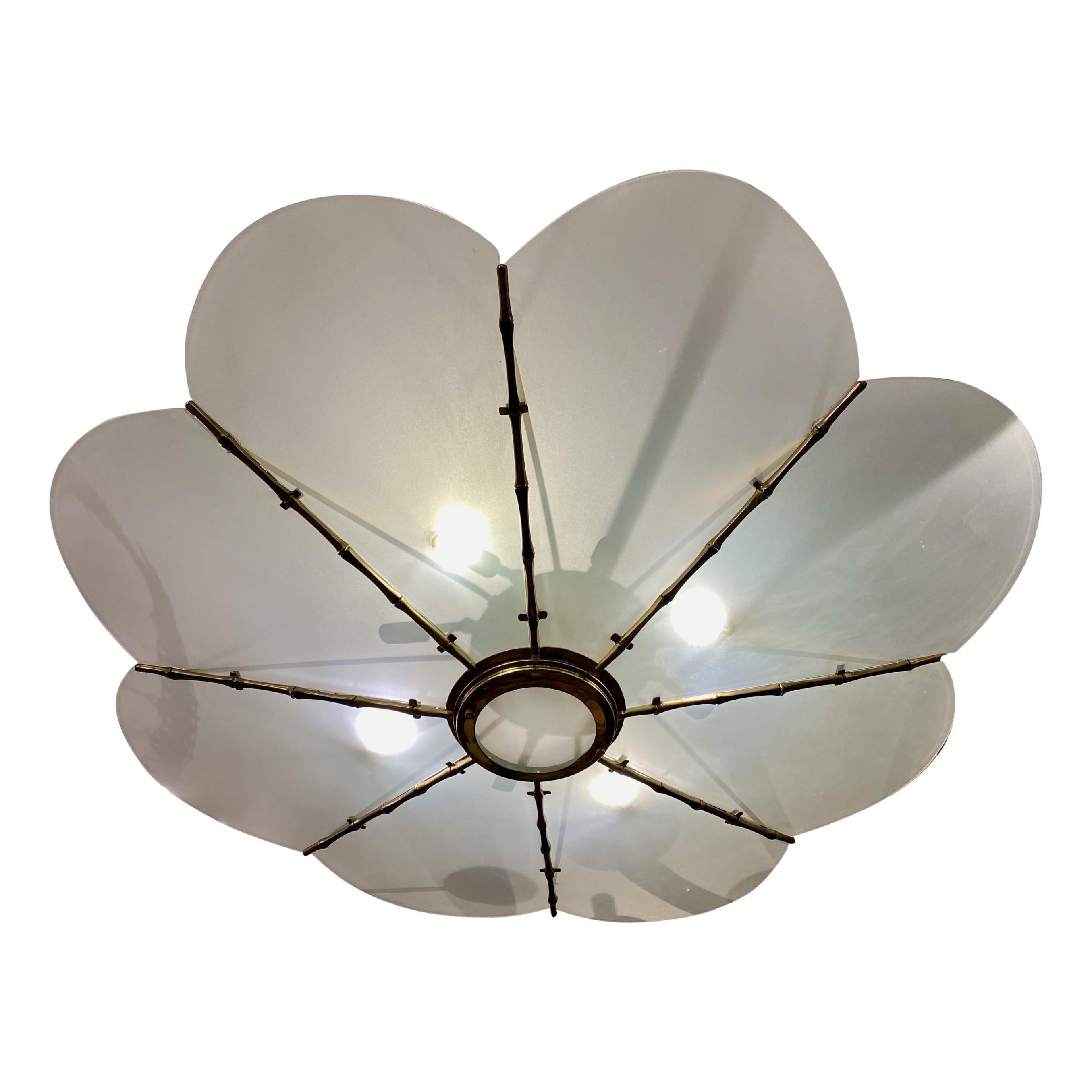 Mid-20th Century Large Gilt Metal Light Fixture with Glass Insets For Sale