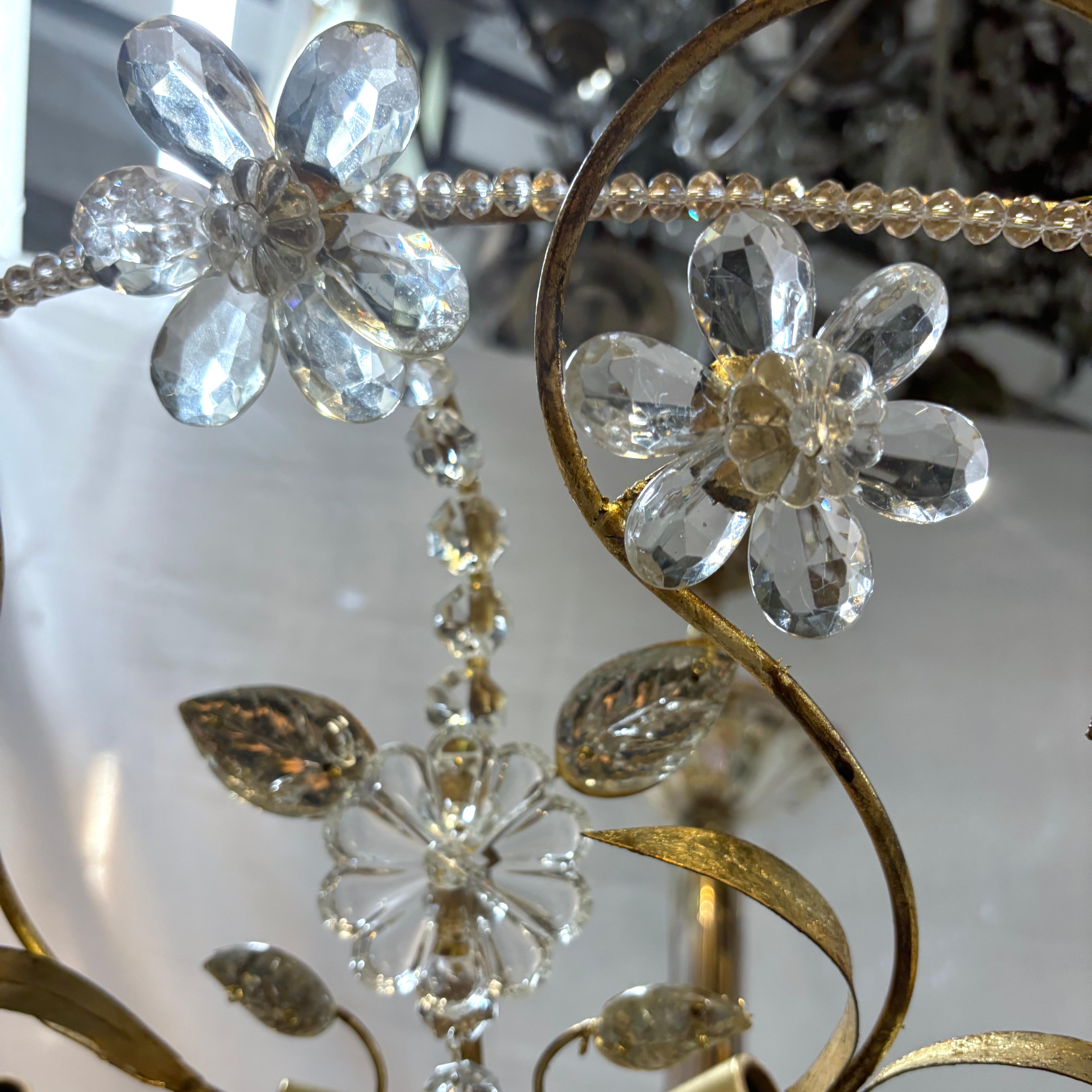 French Large Gilt Metal Light Fixture with Molded Glass Leaves For Sale