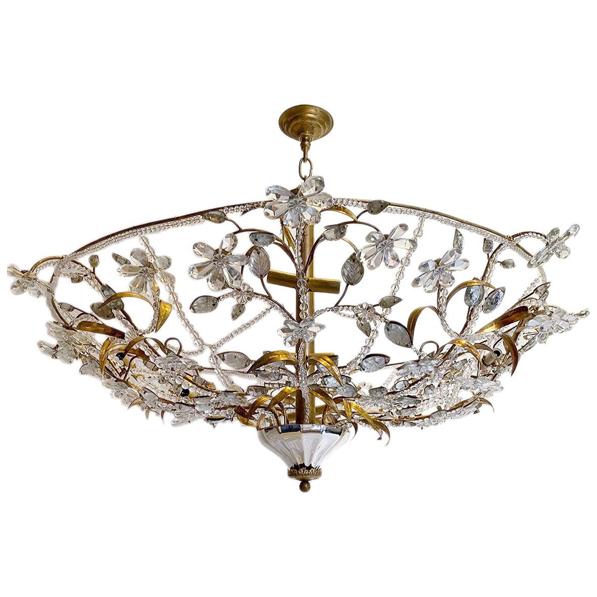 Large Gilt Metal Light Fixture with Molded Glass Leaves