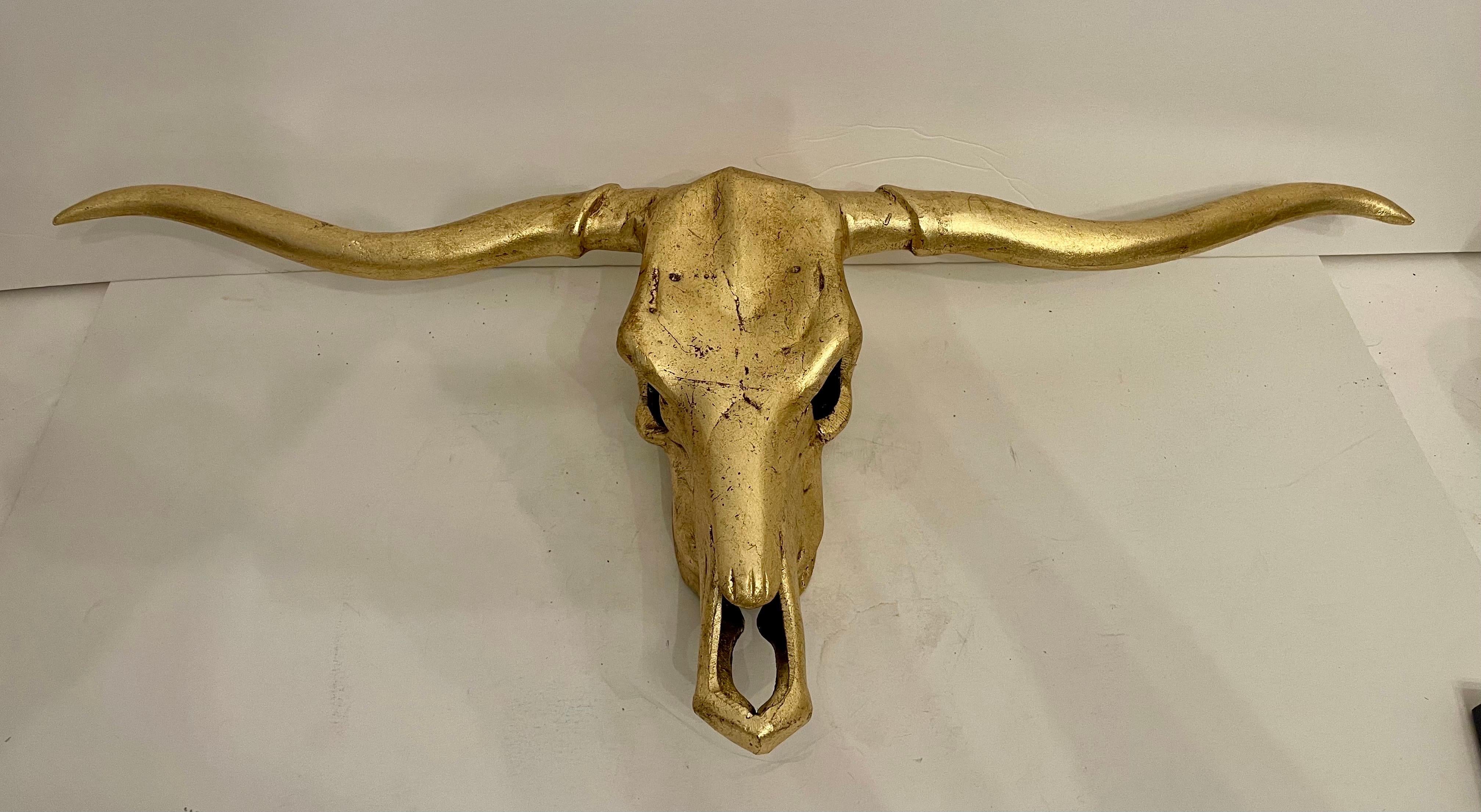 Large Metal Gold Gilt Leaf Finished Longhorn Steer Wall Hanging Sculpture. Hook on back for hanging. Good overall condition, Some original patina to finish. Ready to hang