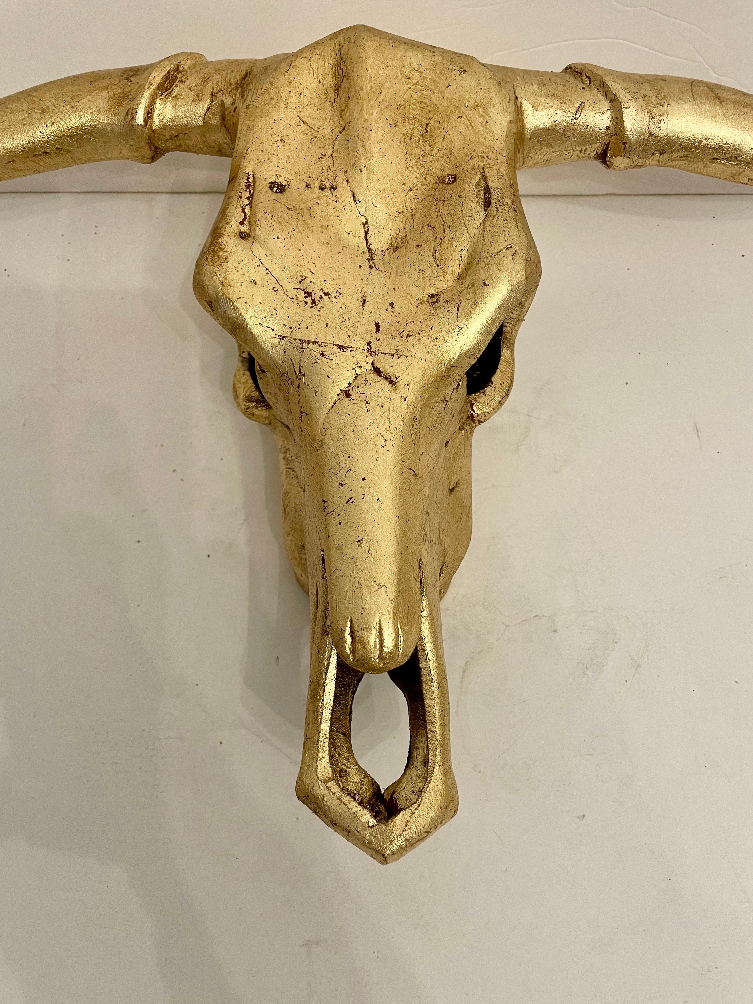 Mid-Century Modern Large Gilt Metal Longhorn Wall Sculpture For Sale