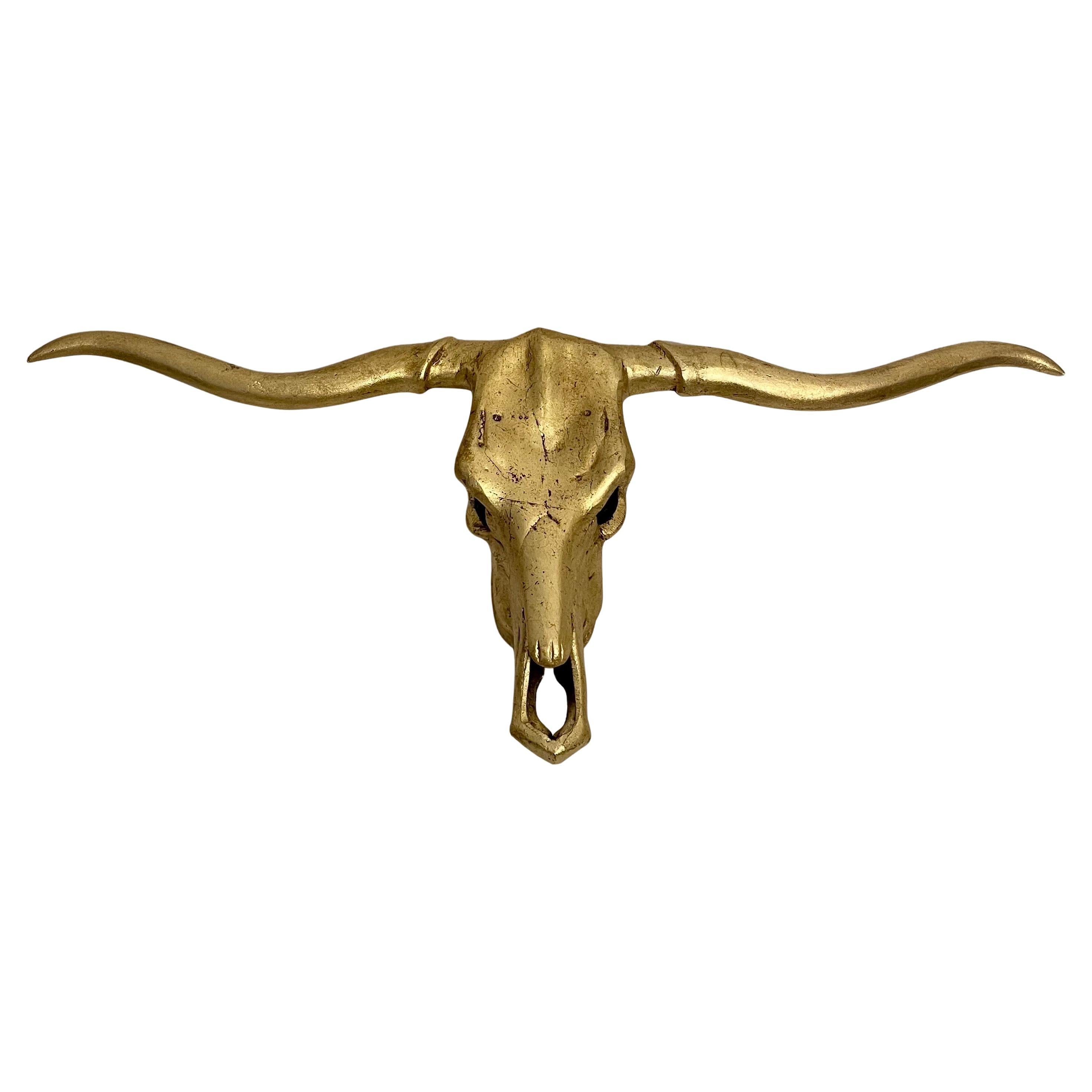Grande scultura da parete Longhorn in metallo dorato
