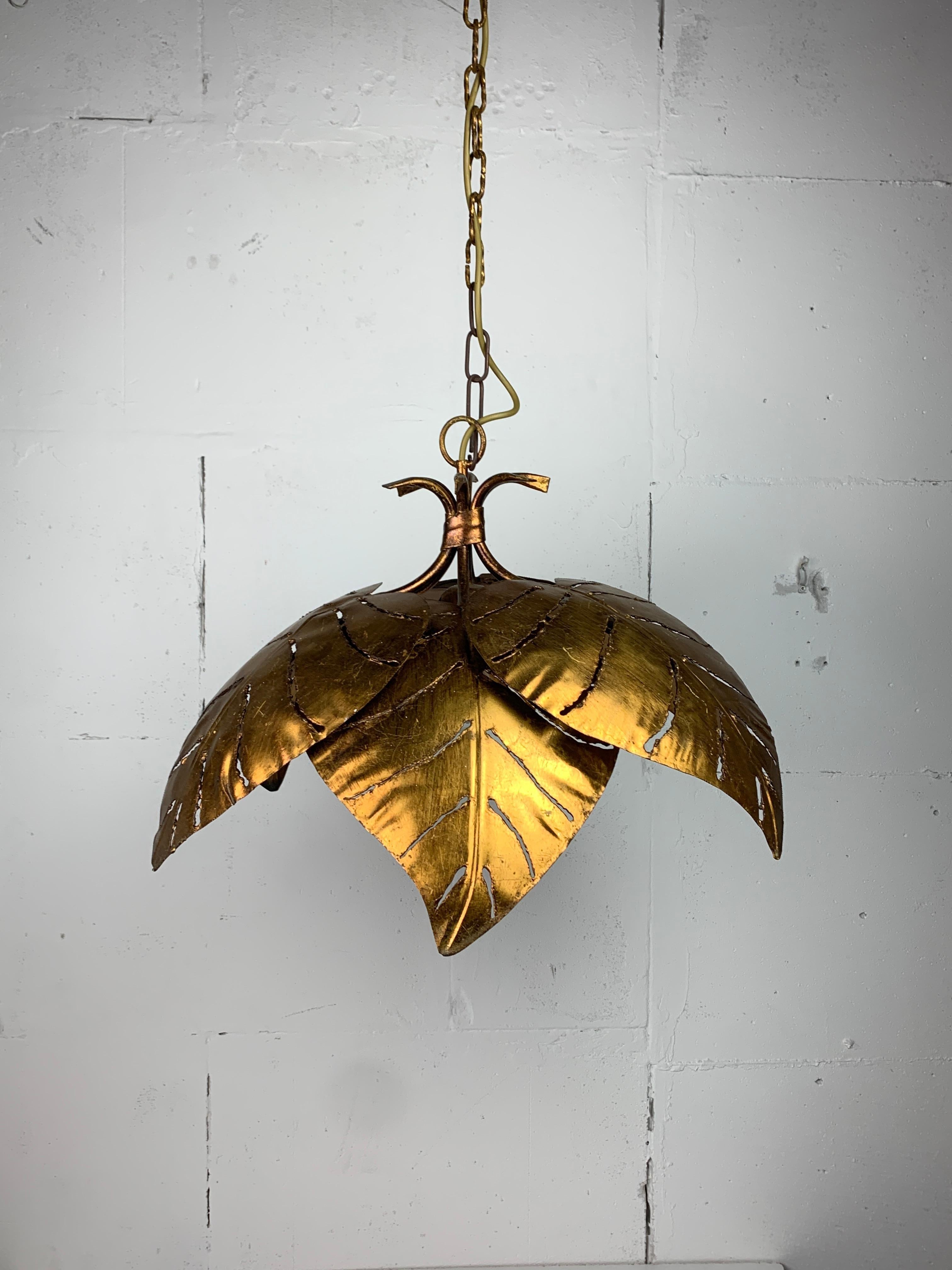 Gorgeous large ( around 60 cm ) gilt metal and brass palm leaf pendant in the style of Maison Jansen. We've kept the attribution to France where this lovely hanging lamp  was found although we also feel its very much in the manner of Hans Kögl and