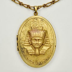 Large Gilt Metal Pharaoh Locket and Chain with Blue Enamel