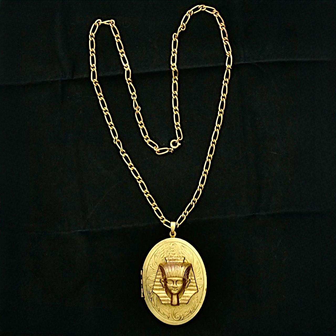 Large Gilt Metal Pharaoh Locket and Chain with Blue Enamel For Sale 1