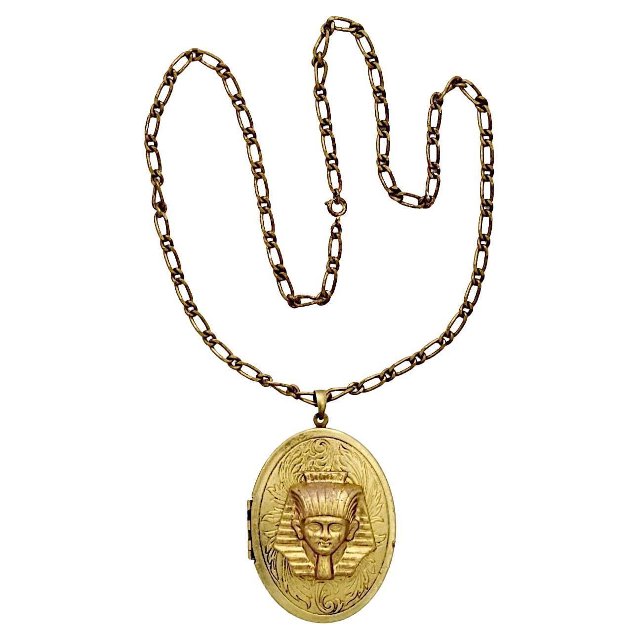 Large Gilt Metal Pharaoh Locket and Chain with Blue Enamel For Sale