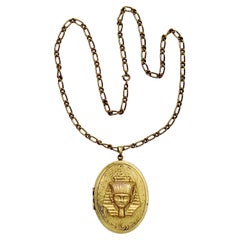Antique Large Gilt Metal Pharaoh Locket and Chain with Blue Enamel