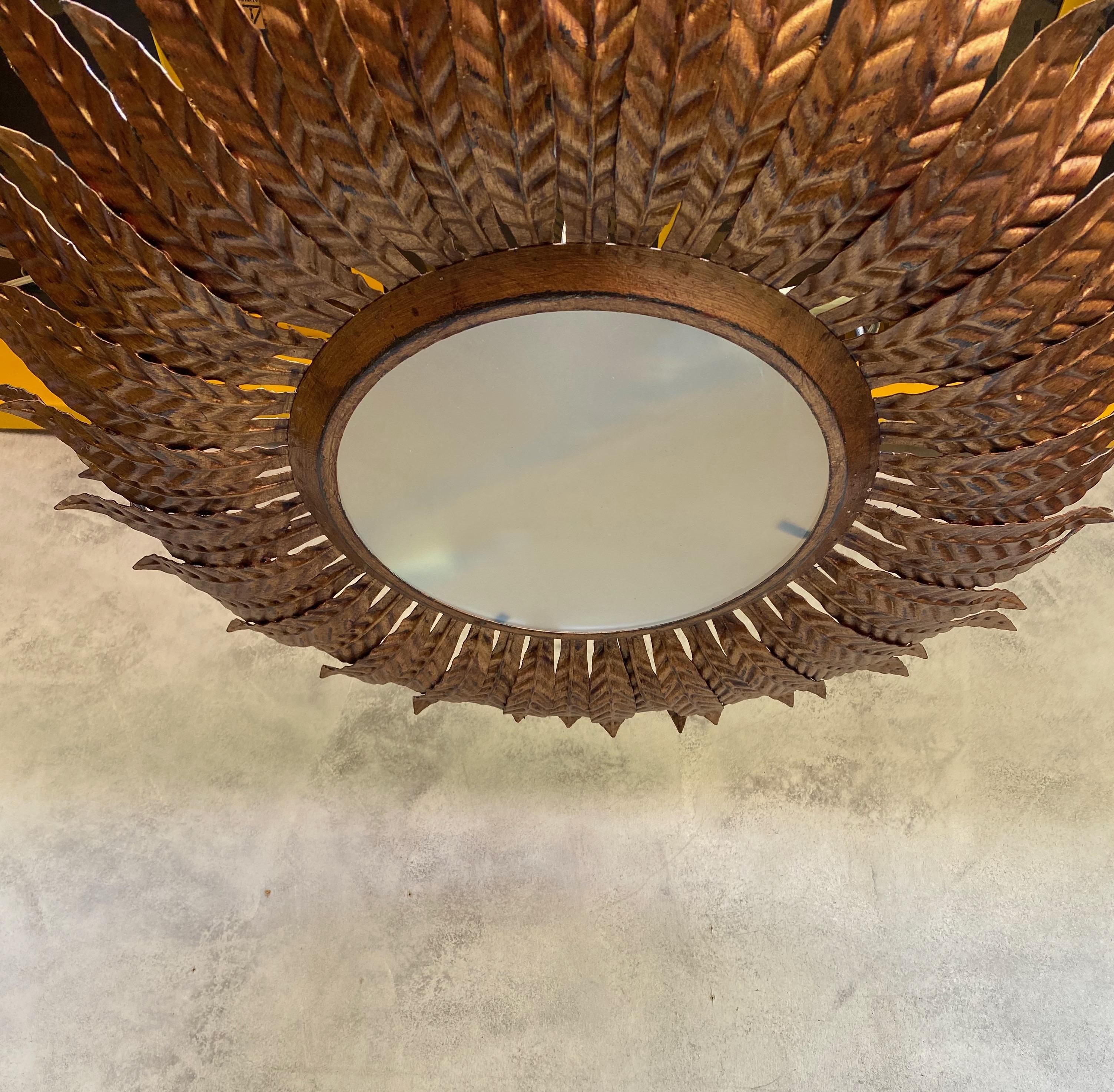 Large Gilt Metal Sunburst Ceiling Fixture with Double Layer Rays 1