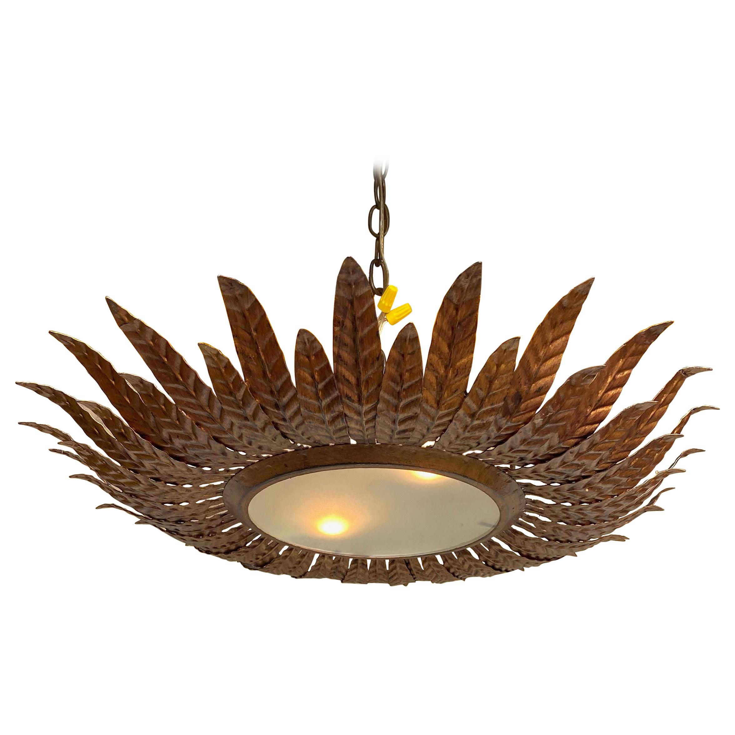 Large Gilt Metal Sunburst Ceiling Fixture with Double Layer Rays