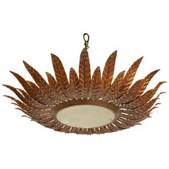 Large Gilt Metal Sunburst Ceiling Fixture with Double Layer Rays