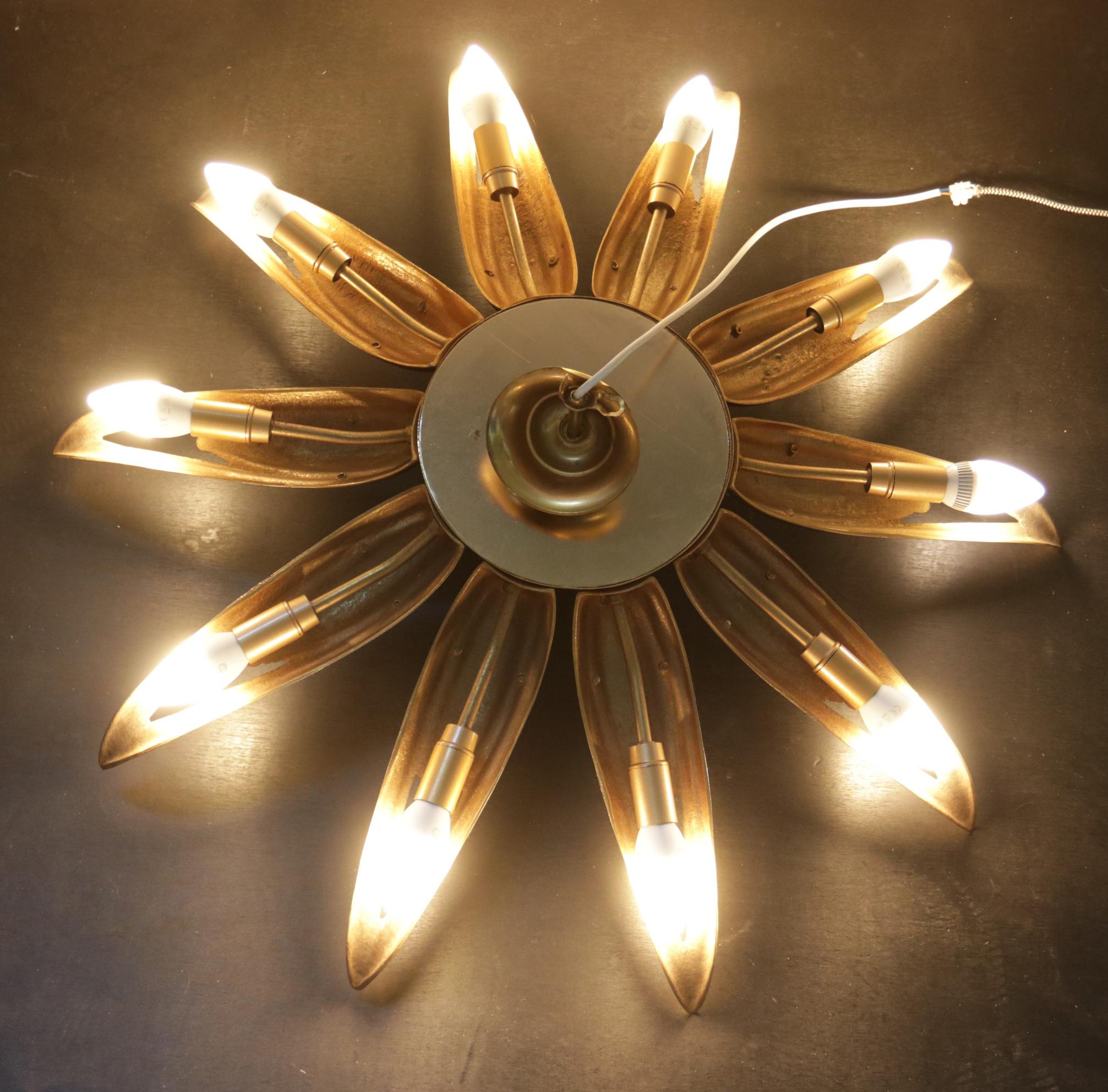 Large Gilt Metal Sunburst Ceiling Lamp 10 Leaf-Shaped Arms 1950's For Sale 4