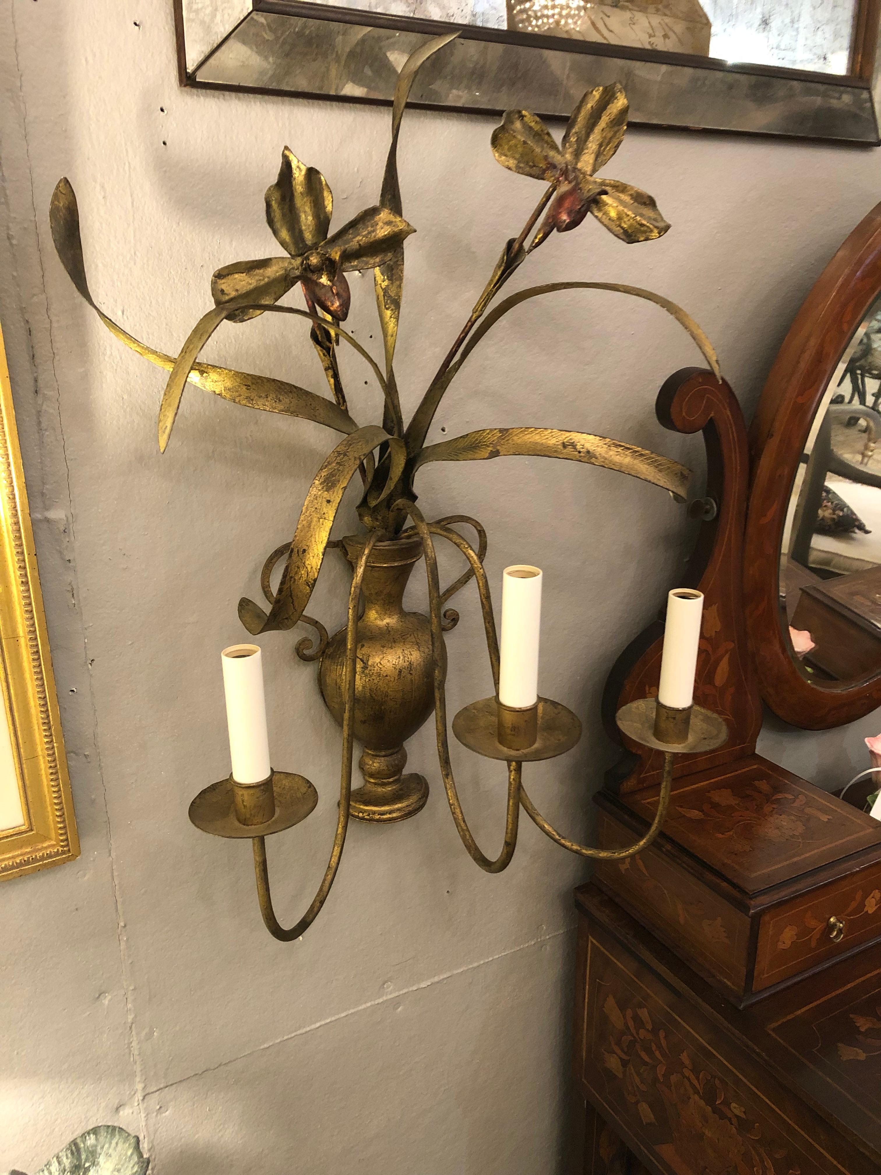 Large Gilt Metal Tole Italian Vintage Wall Sconces with Urns and Iris In Good Condition In Hopewell, NJ