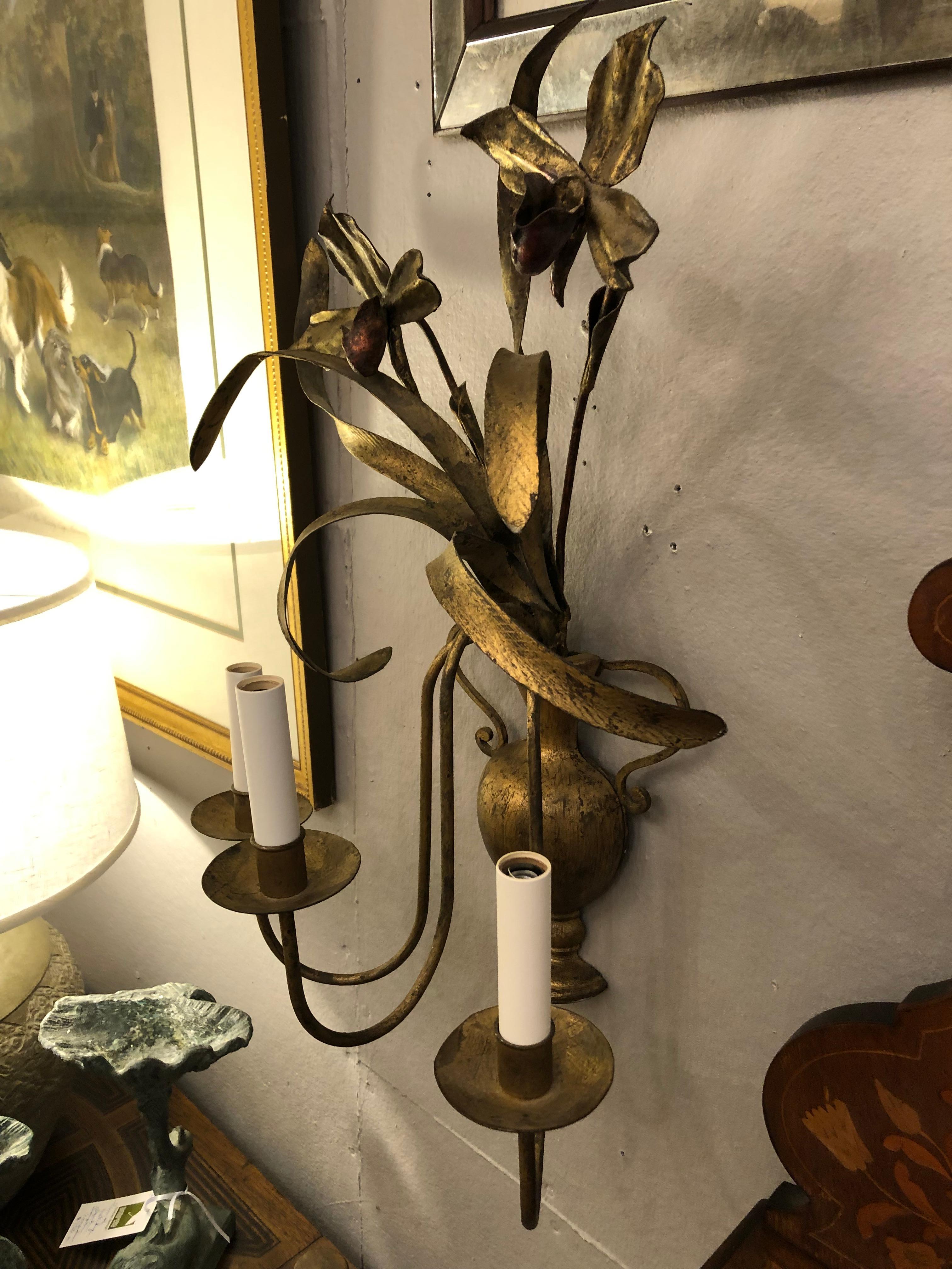 Large Gilt Metal Tole Italian Vintage Wall Sconces with Urns and Iris 2