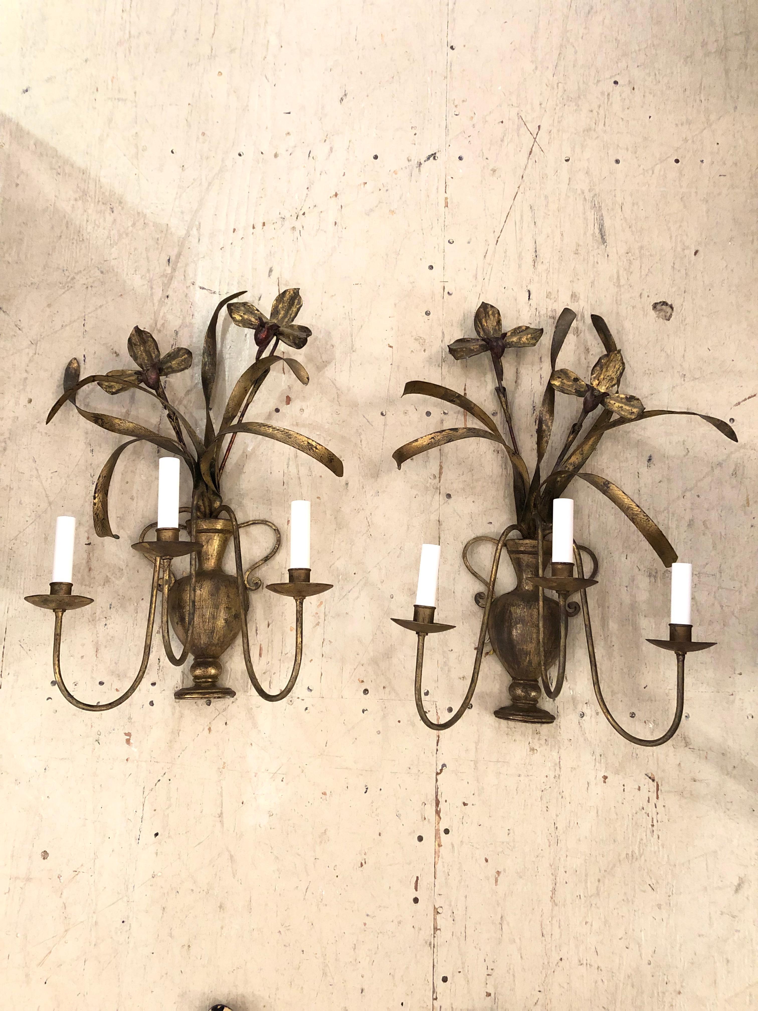 Large Gilt Metal Tole Italian Vintage Wall Sconces with Urns and Iris 4