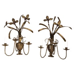 Large Gilt Metal Tole Italian Vintage Wall Sconces with Urns and Iris