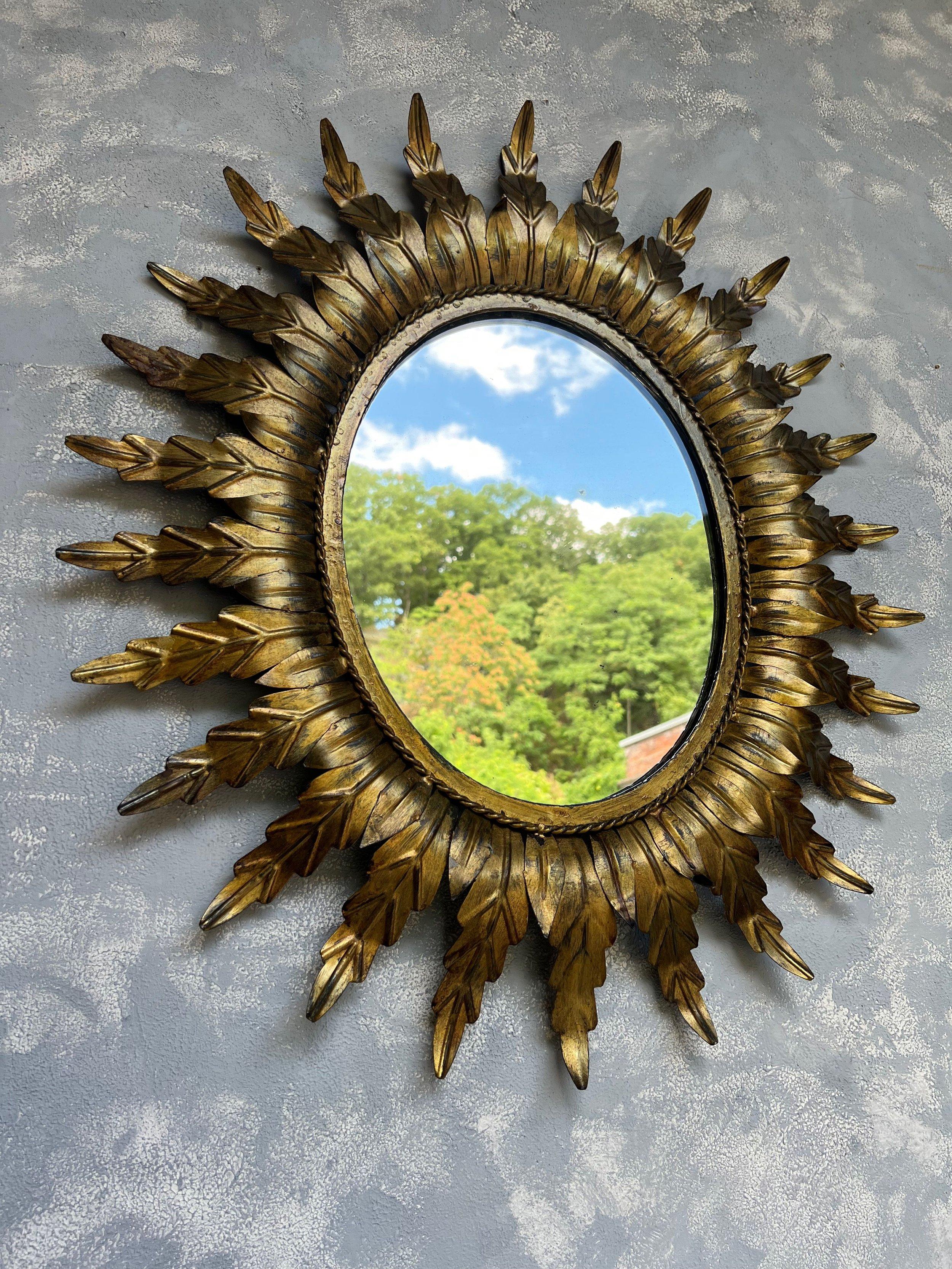 Mid-Century Modern Large Gilt Oval Spanish Sunburst Mirror